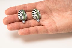 Bodyfurnitures Stud Earrings Handpainted Black&White Emeralds Gold Papier-mâché