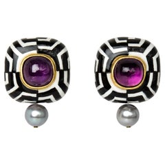 Boucles d'oreilles Bodyfurnitures, Hypnotic Black and White, Amethyst, Pearl, Silver