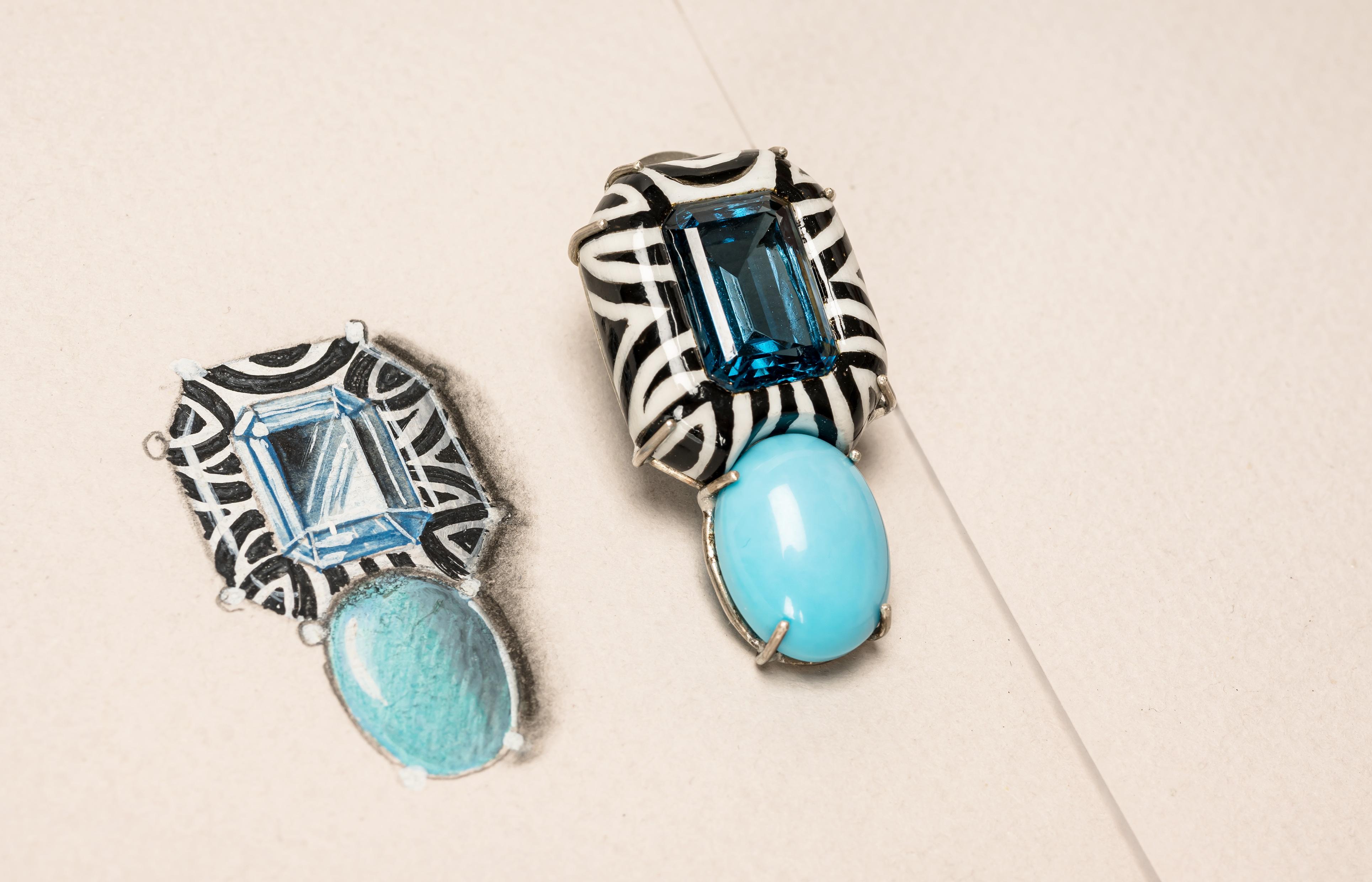 Contemporary Bodyfurnitures Stud Earrings Painted Papier-mâché, Blue Topaz, Turquoise, Gold For Sale