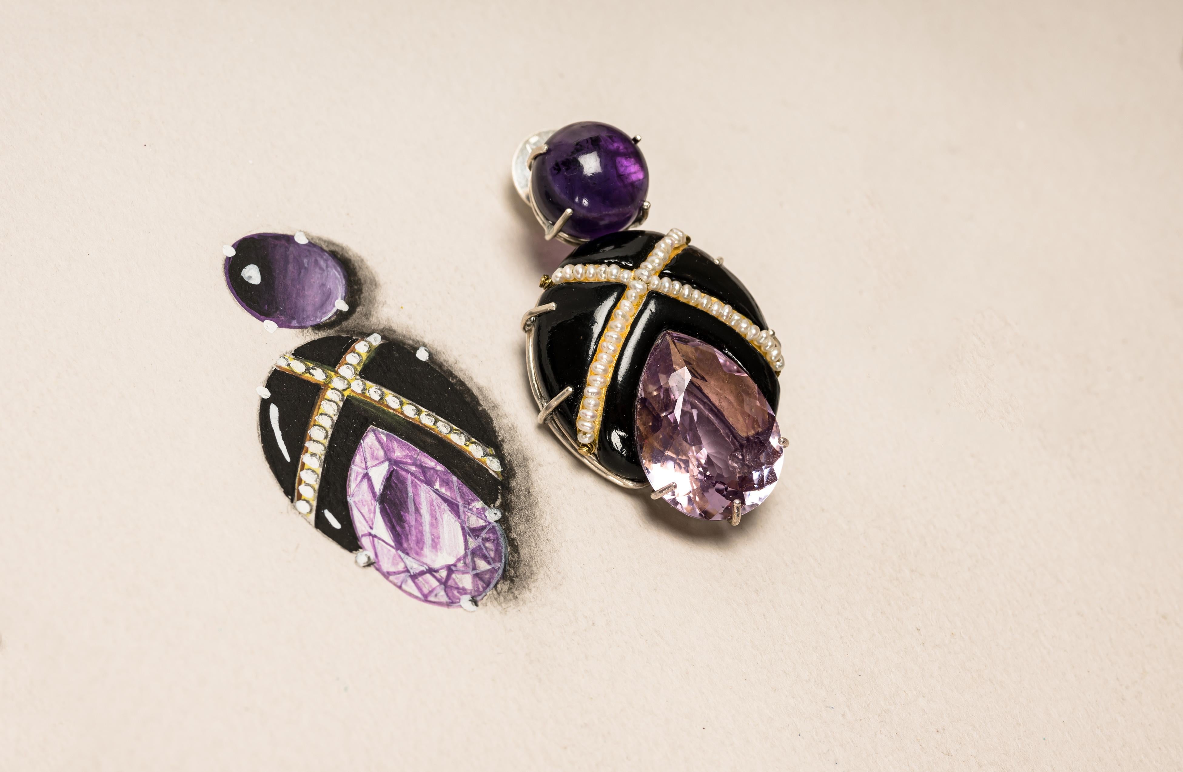 Bodyfurnitures Stud Earrings Papier-mâché, Amethysts, Pearls, Gold, Silver In New Condition For Sale In Bolzano, BZ