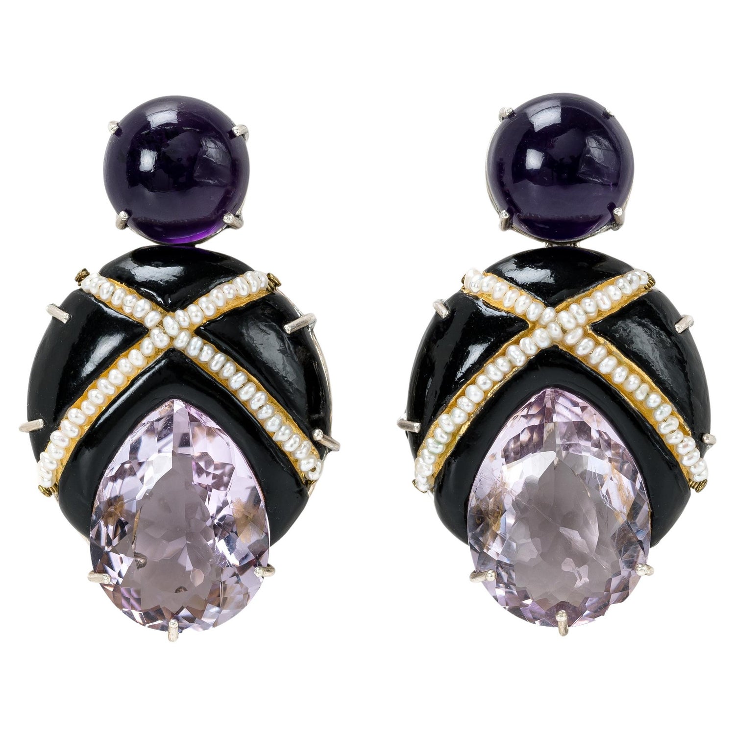 Bodyfurnitures Stud Earrings Papier-mâché, Amethysts, Pearls, Gold, Silver  For Sale at 1stDibs