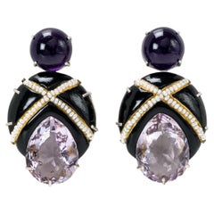 Bodyfurnitures Stud Earrings Papier-mâché, Amethysts, Pearls, Gold, Silver