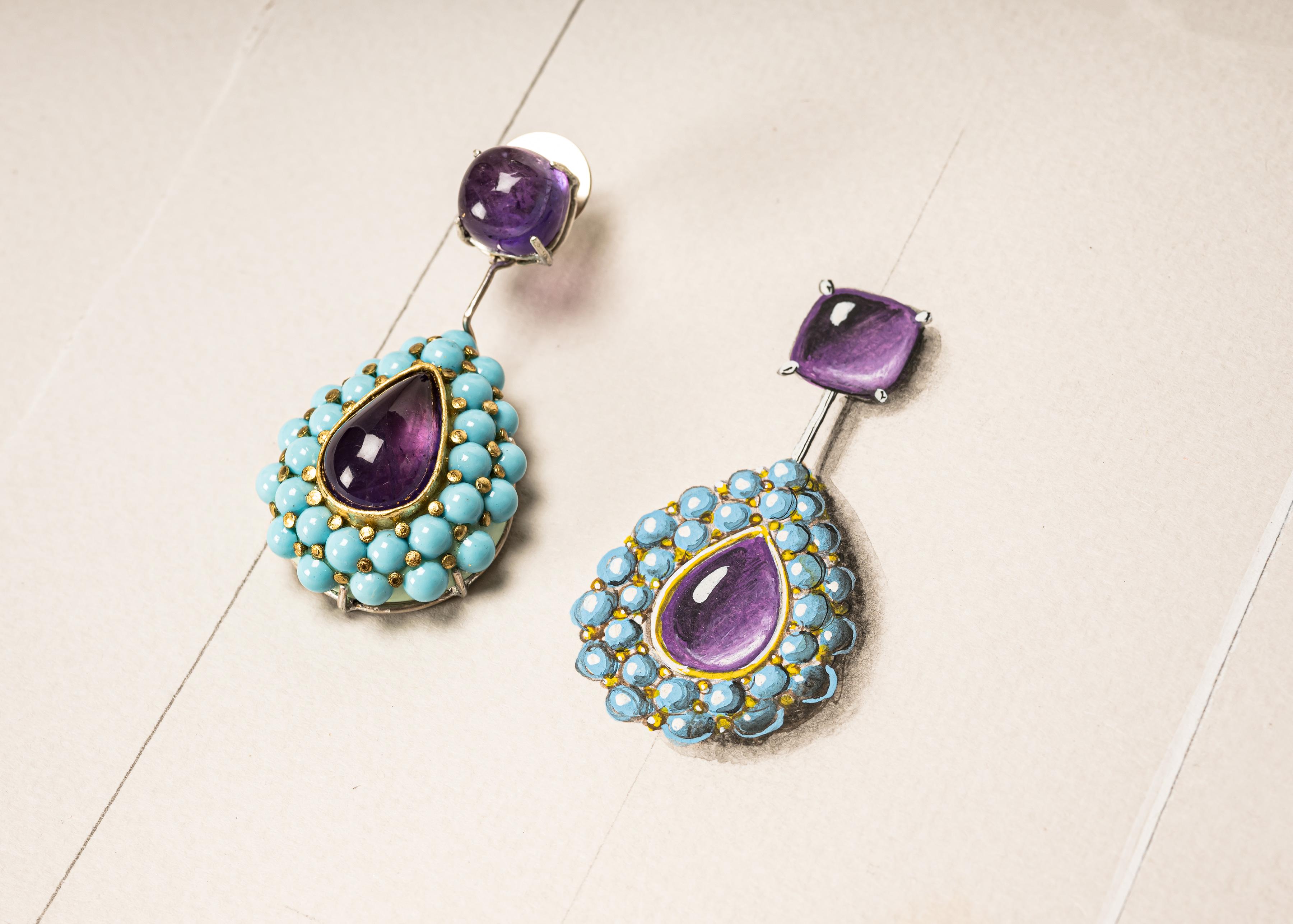Bodyfurnitures Stud Earrings Papier-mâché Amethysts, Turquoise Paste Gold Silver In New Condition In Bolzano, BZ