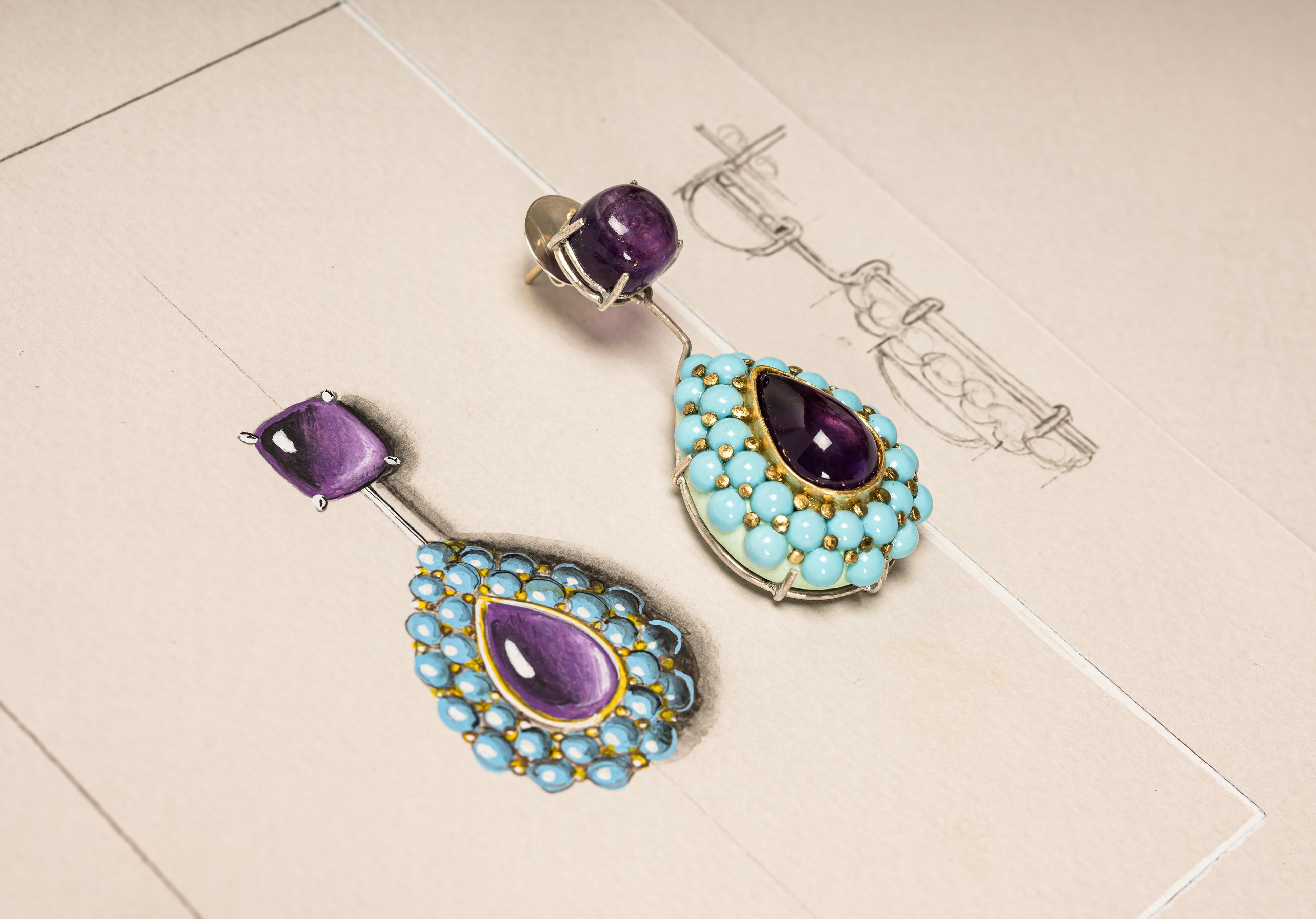 Women's Bodyfurnitures Stud Earrings Papier-mâché Amethysts, Turquoise Paste Gold Silver