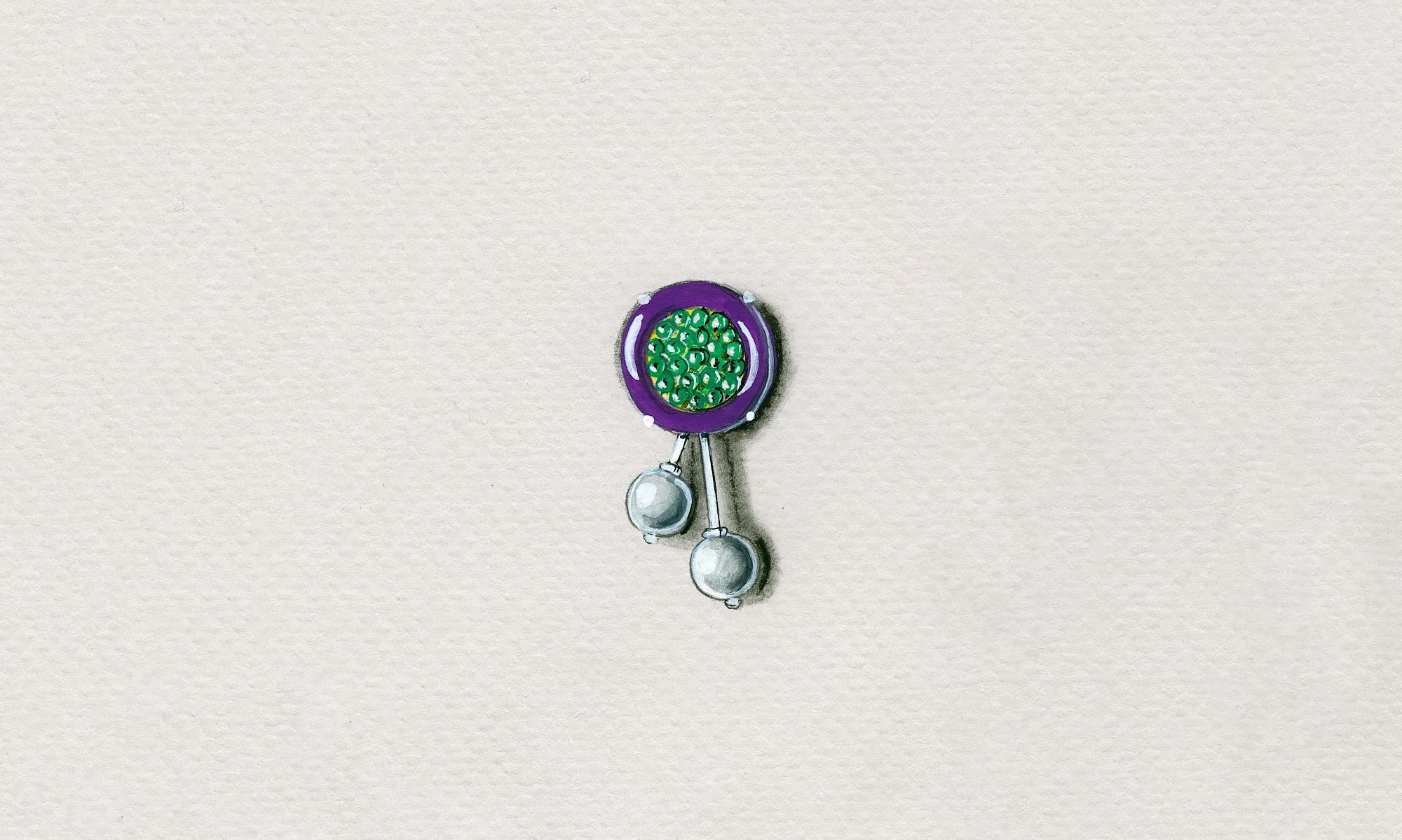 Round Cut Bodyfurnitures Stud Earrings Violet Color with Emeralds Pearls Gold Papier-mâché For Sale