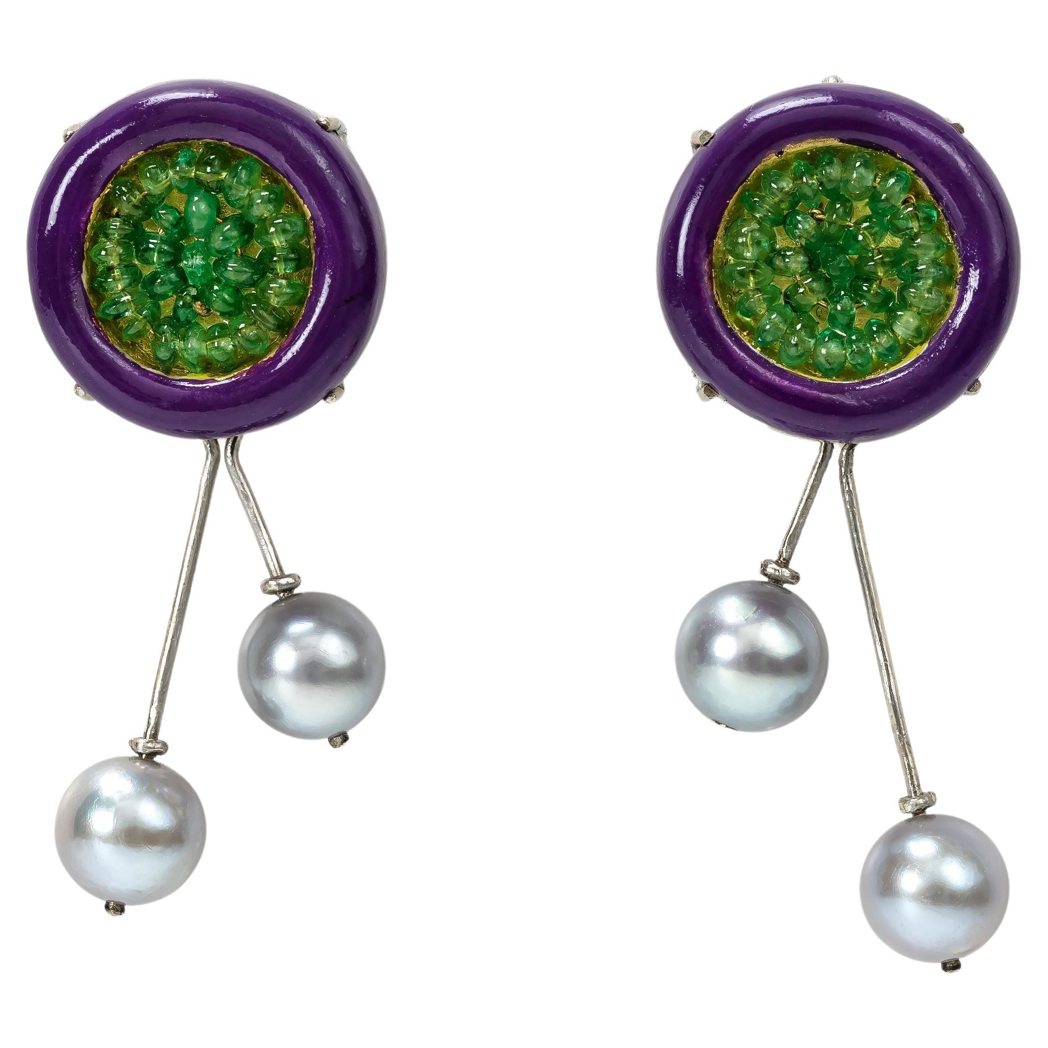 Bodyfurnitures Stud Earrings Violet Color with Emeralds Pearls Gold Papier-mâché For Sale