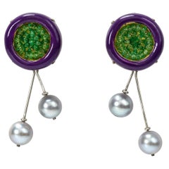 Bodyfurnitures Stud Earrings Violet Color with Emeralds Pearls Gold Papier-mâché