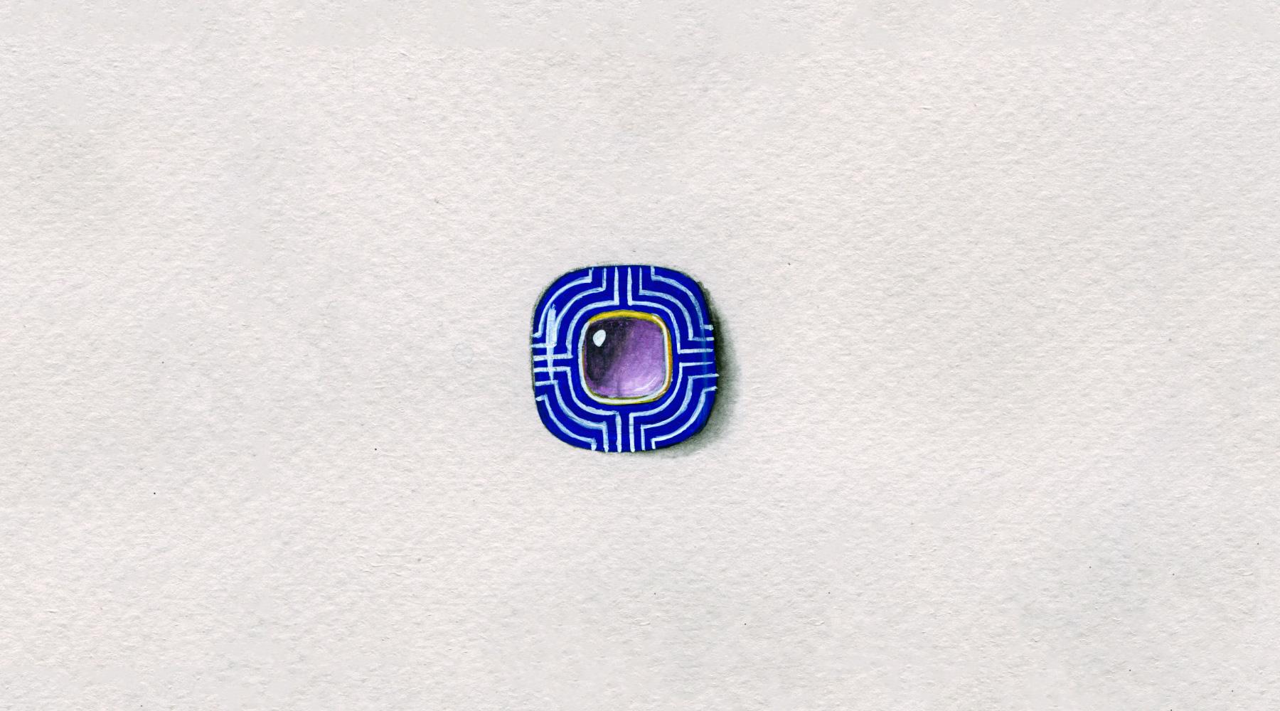 Contemporary Bodyfurnitures Stud Earrings, White Lines on Blue Painting, Amethyst, Silver For Sale
