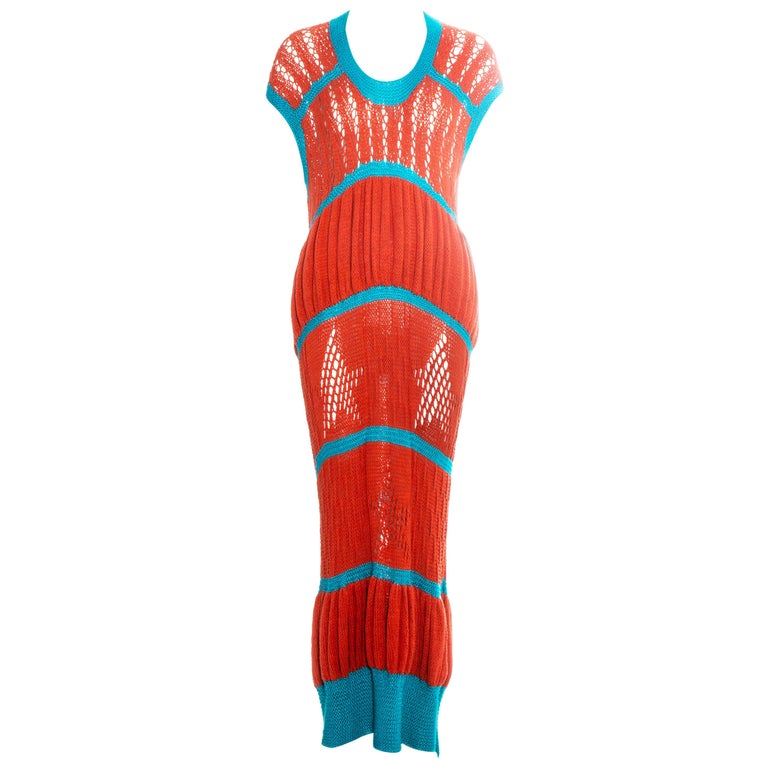 BodyMap orange and blue knitted maxi dress, fw 1985 For Sale at 1stDibs
