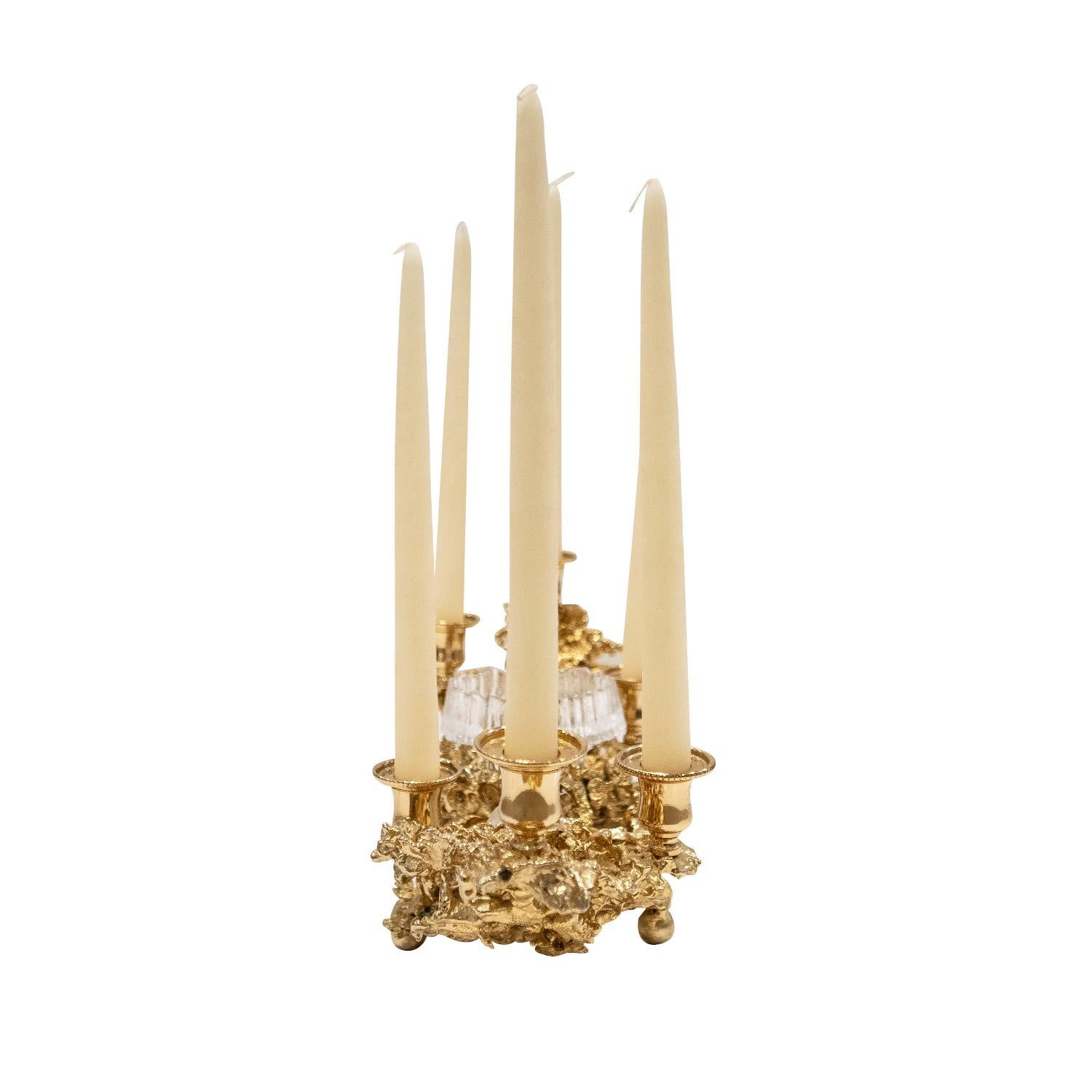 French Boeltz Candelabra Centerpiece in Gold with Rock Crystals 1970s 'Signed' For Sale