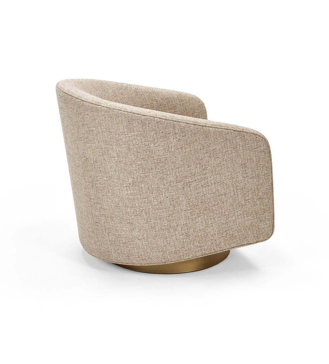 BOEMIA, a swivel fabric armchair with armrest, is the balance between the elegance and the comfort. With an embrassing back structure, is settled on a refined swivel base in antique brass color. Available in a wide range of fabrics or natural