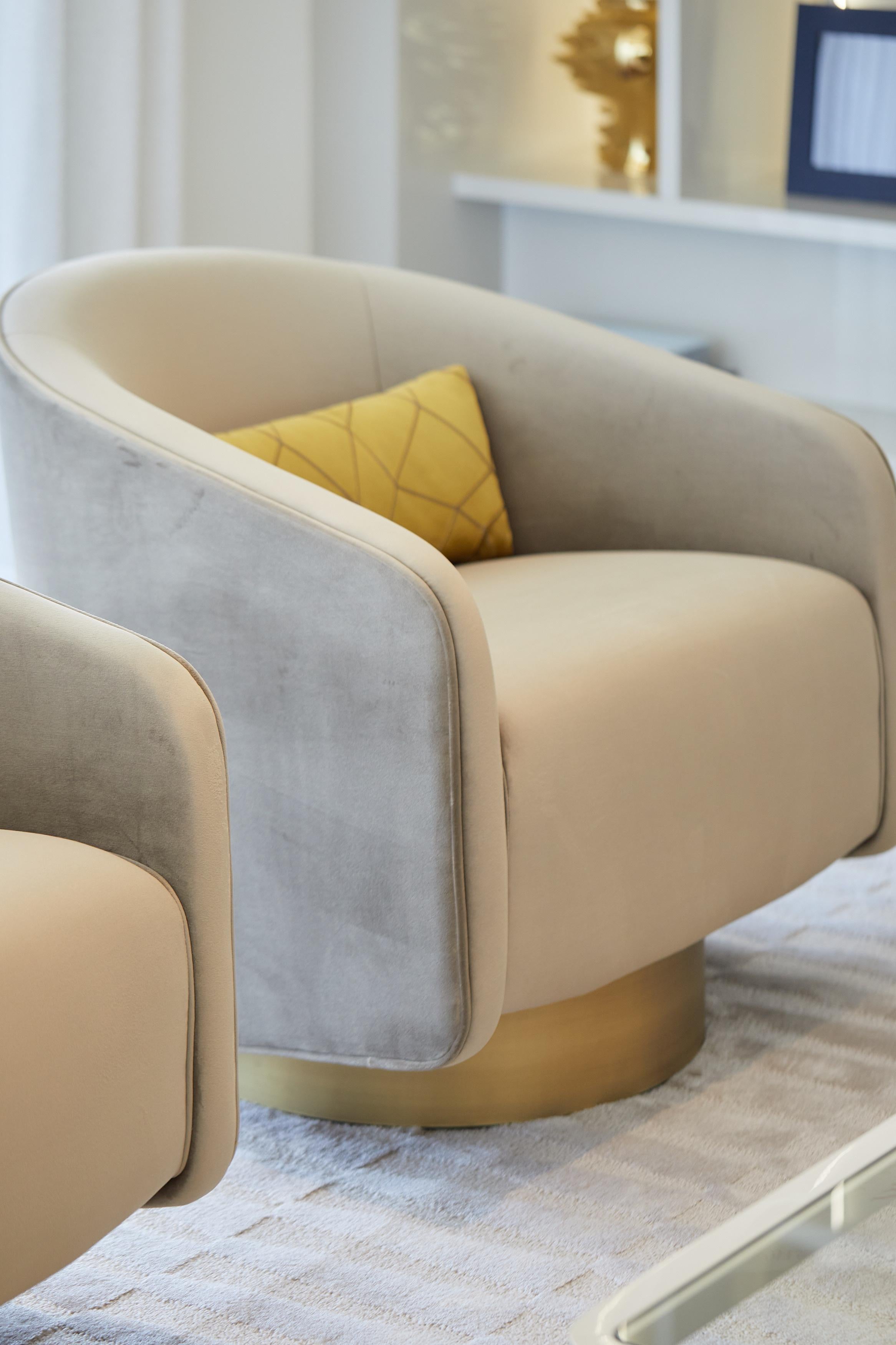 Portuguese BOEMIA Swivel Armchair in Textured Beige and brass colored base For Sale