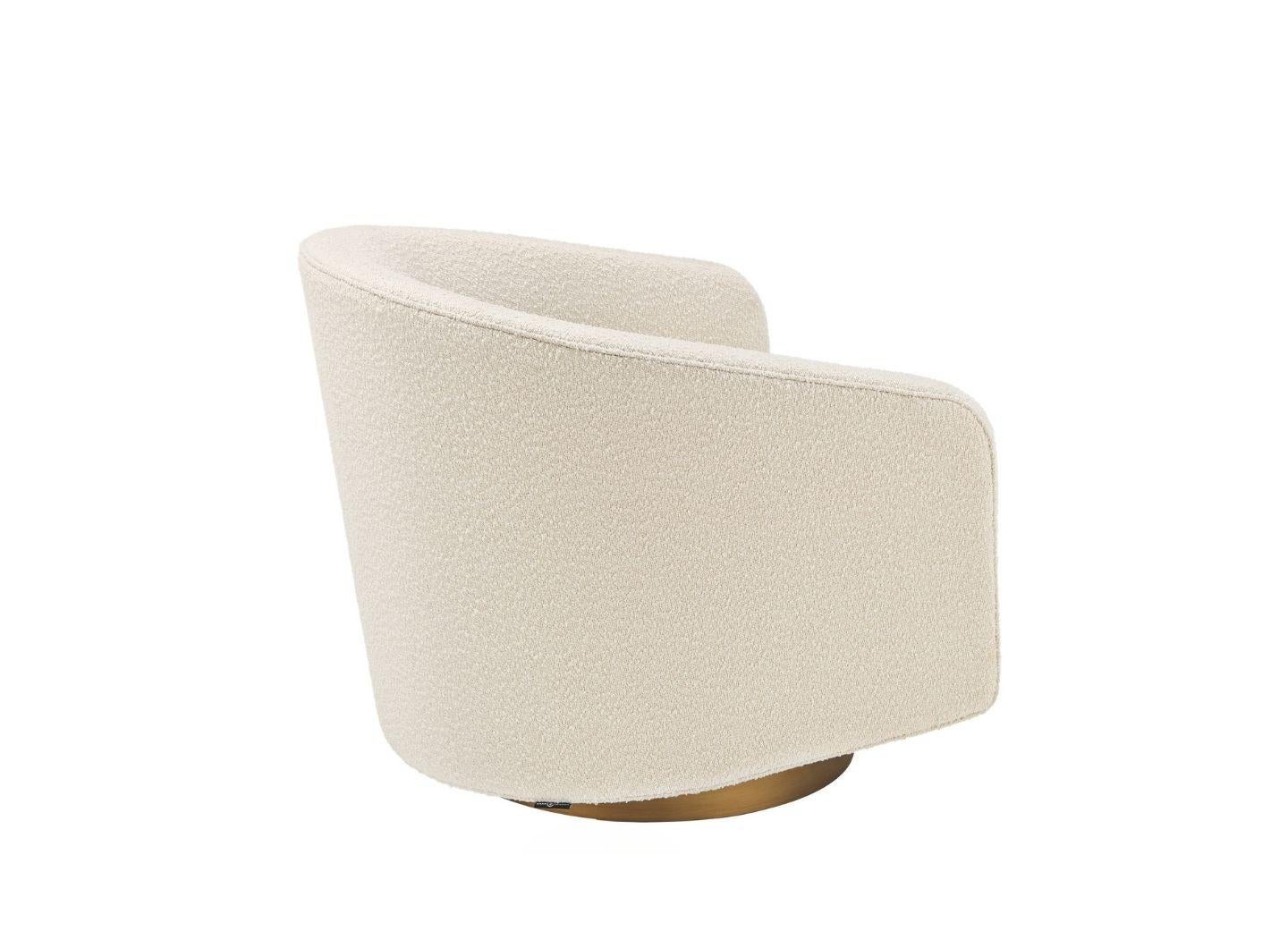 Modern BOEMIA swivel armchair in white boucle fabric and Antique Brass colored base For Sale