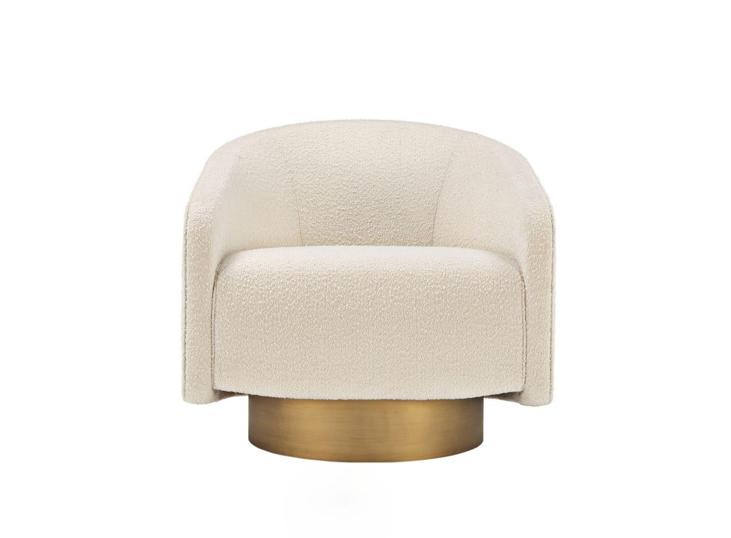 Portuguese BOEMIA swivel armchair in white boucle fabric and Antique Brass colored base For Sale