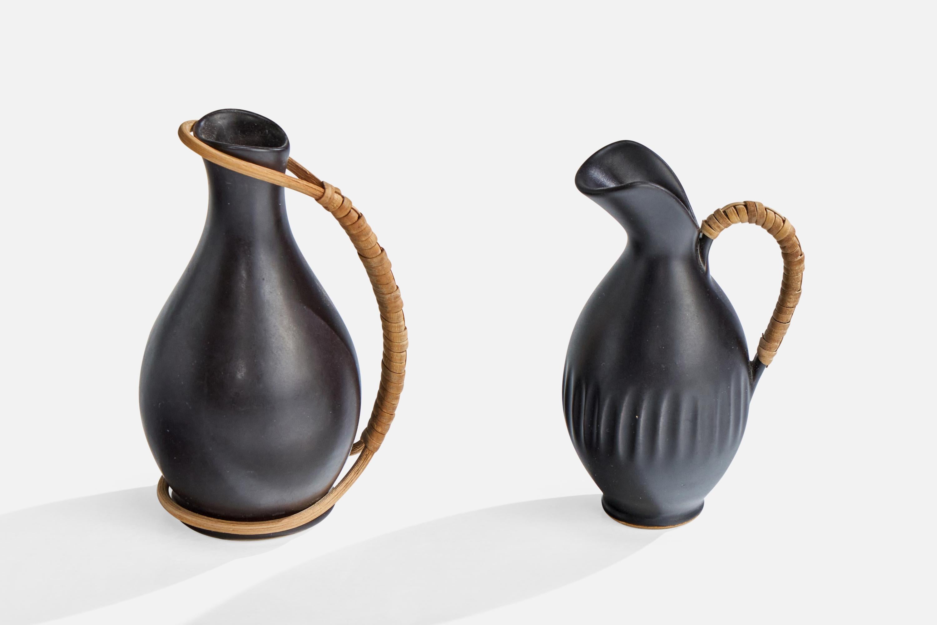 Mid-Century Modern Bofa Keramik, Miniature Pitchers, Ceramic, Rattan, Denmark, 1960s For Sale