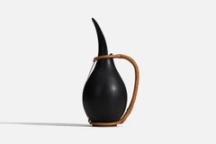 Bofa Keramik, Pitcher, Black Glazed Stoneware, Rattan, Bornholm, Denmark, 1960s