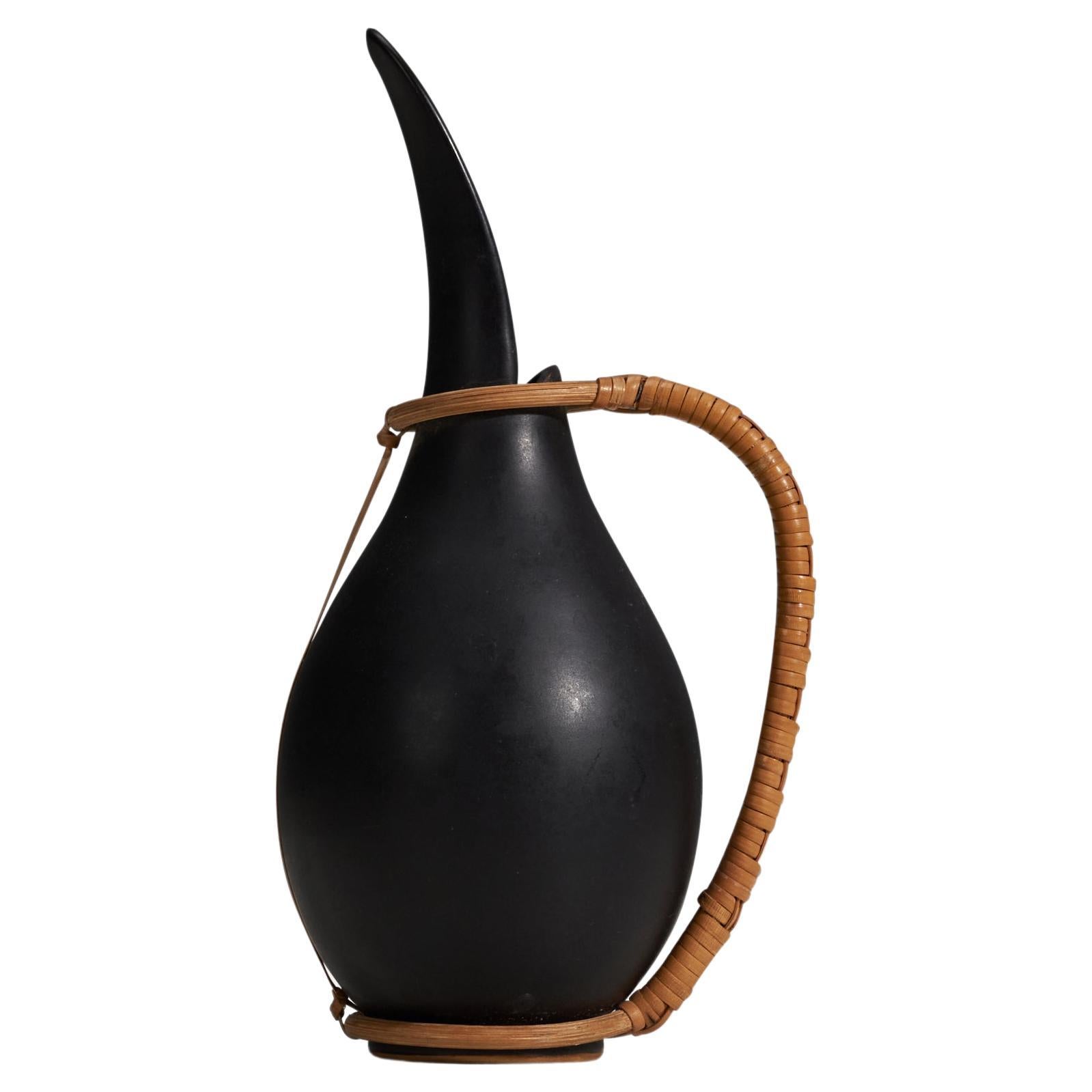 Bofa Keramik, Pitcher, Black Glazed Stoneware, Rattan, Bornholm, Denmark, 1960s