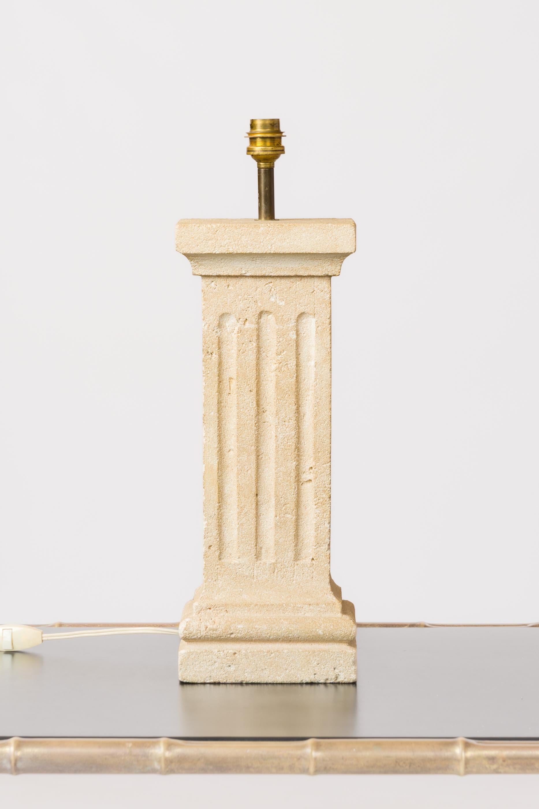 Gard stone lamp in the shape of an Adroman column. Minor structural damage in the upper right corner. In the spirit of Ricardo Bofill. France 1970s.
European socket and wiring.
Shade for showing purposes only.
This lamp will ship from France and can