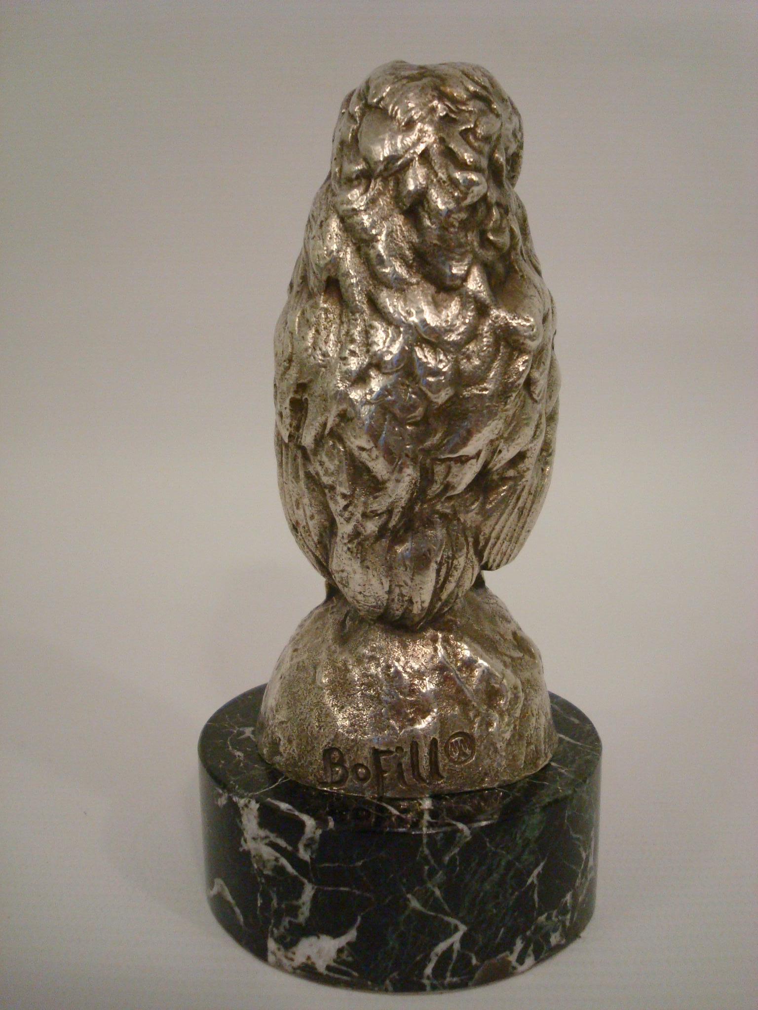 Art Nouveau Bofill Silvered Bronze Owl, Hibou Paperweight  / Hood Ornament, France, 1910-15 For Sale