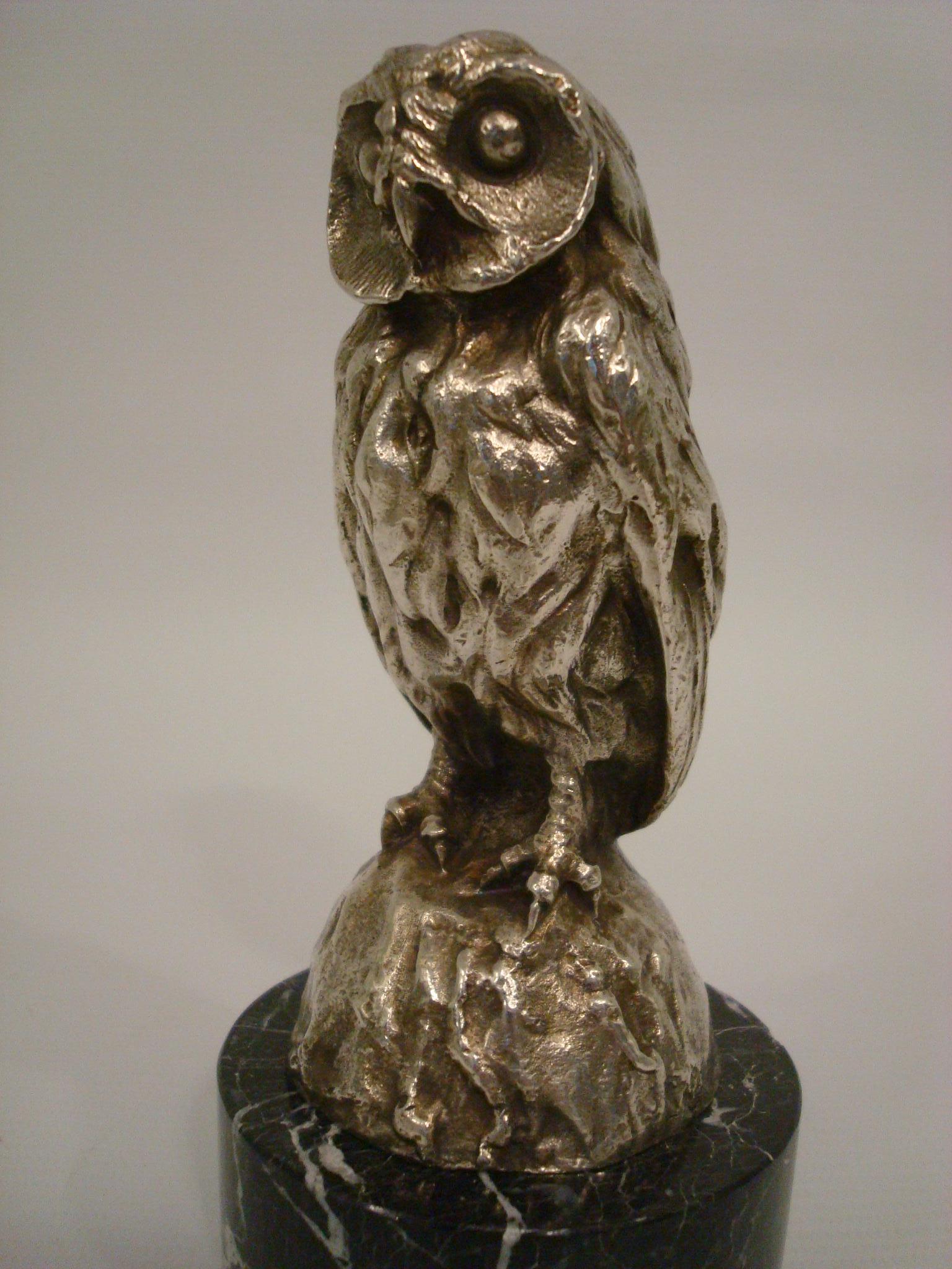 20th Century Bofill Silvered Bronze Owl, Hibou Paperweight  / Hood Ornament, France, 1910-15 For Sale