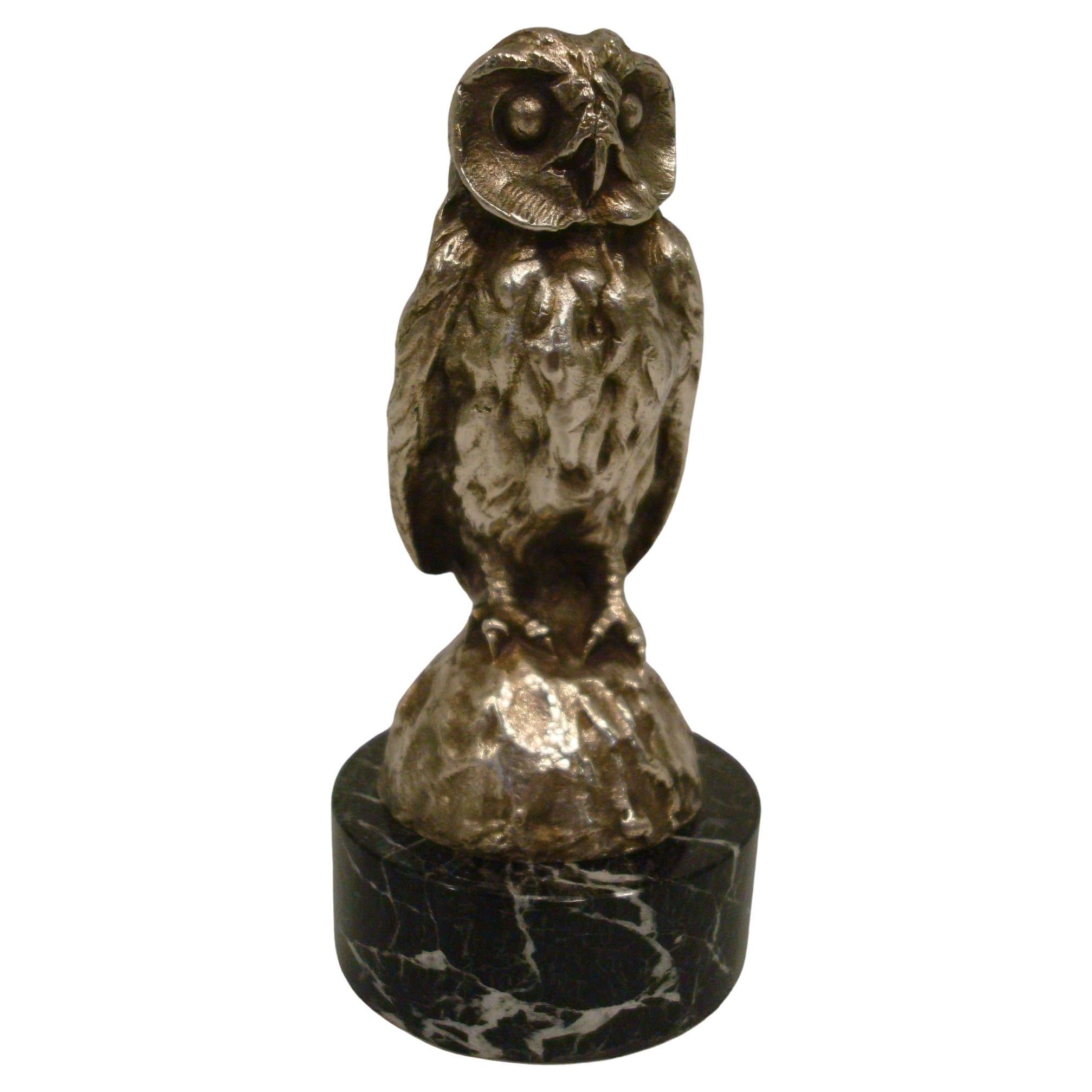 Bofill Silvered Bronze Owl, Hibou Paperweight  / Hood Ornament, France, 1910-15