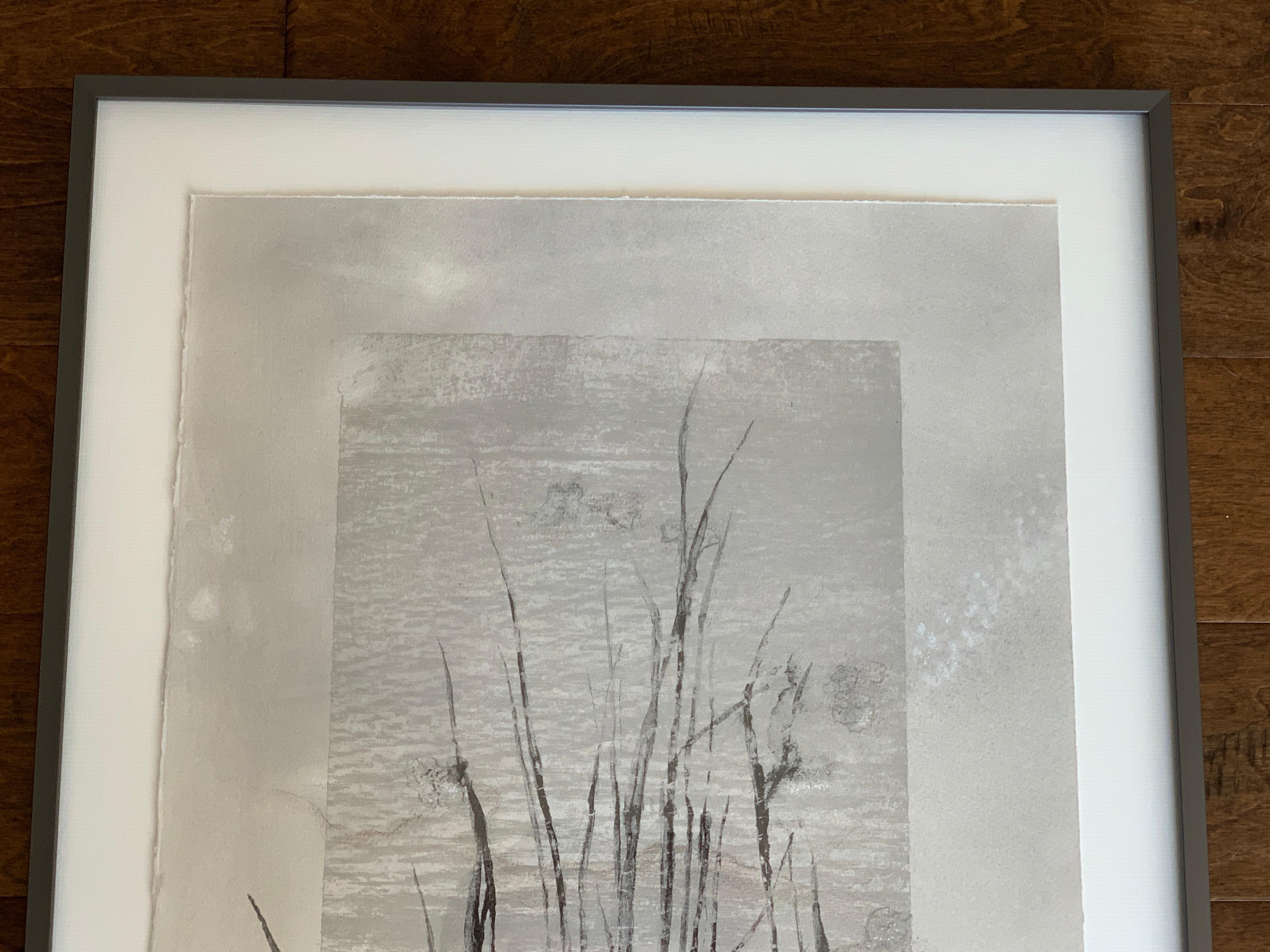 'Bog Grass' in grey and teal, Laurie Carnohan, 2019.
Edition: 1/4
Photolithograph with mixed-media.
16in W x 28.5in H (unframed)
20.25in W x 32.75in H x 1.25
