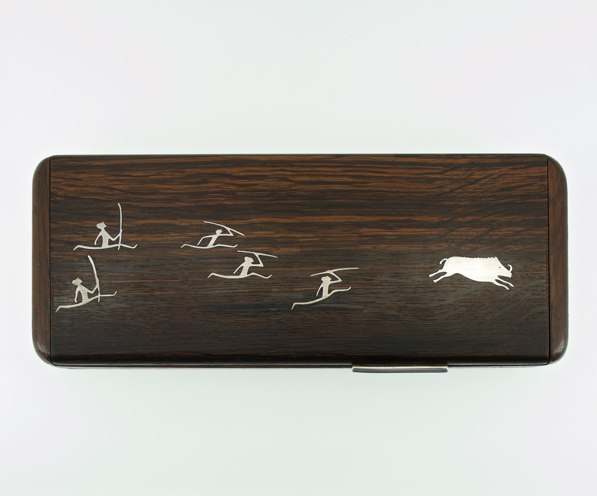 Paleolithic hunting scene on wooden segmented jewelry/cigarette box. Fully functional, hinges work smoothly.