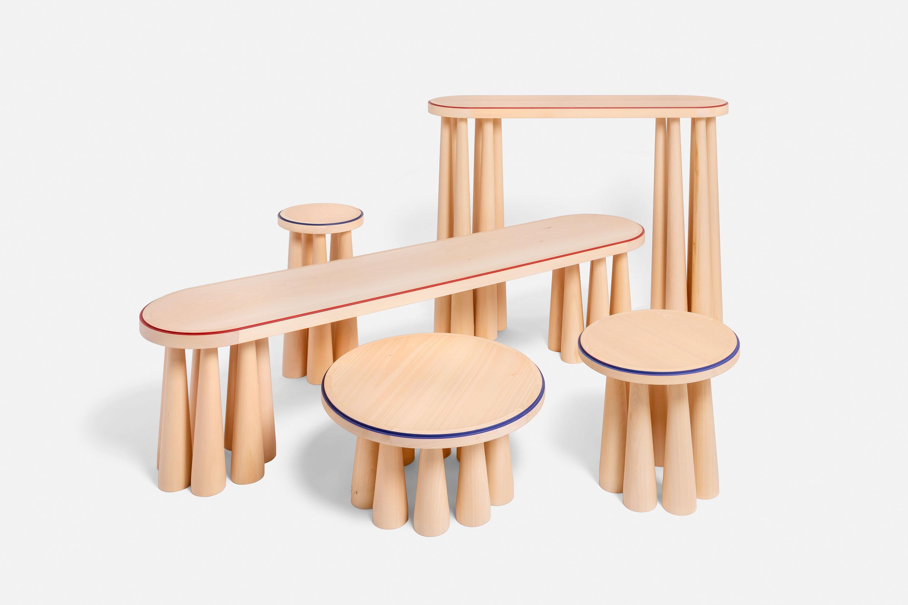 Bogdan bench by Studio Intervallo.
Dimensions: W 180 x D 40 x H 46 cm.
Materials: LINDEN solid wood, with colored decoration on the circumference.

Other types of wood available on request.

The Bogdan collection is born from a single trunk of