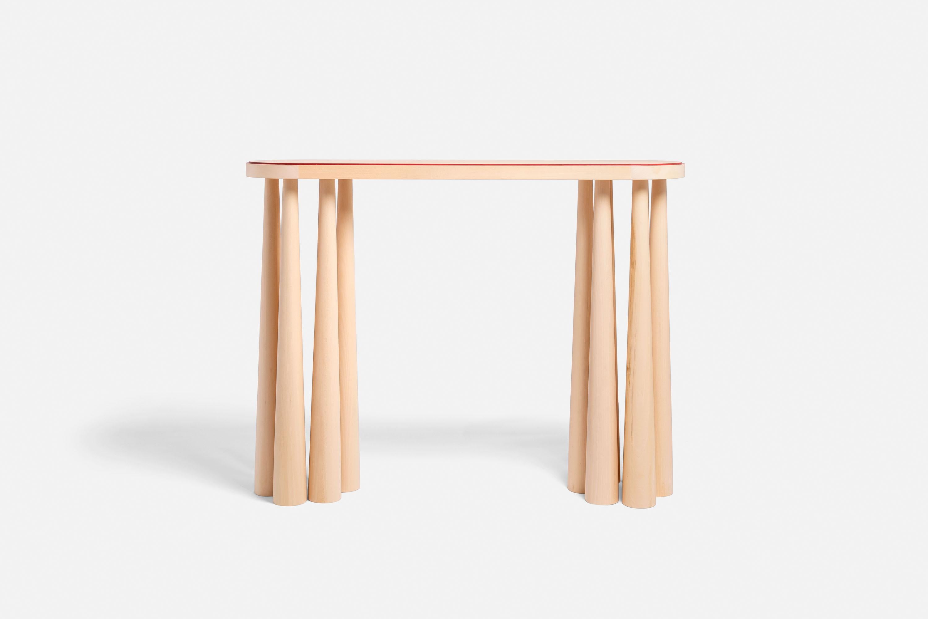 Bogdan console table by Studio Intervallo
Dimensions: W 120 x D 34 x H 91 cm
Materials: LINDEN solid wood, with colored decoration on the circumference.

Other types of wood available on request.

The Bogdan collection is born from a single