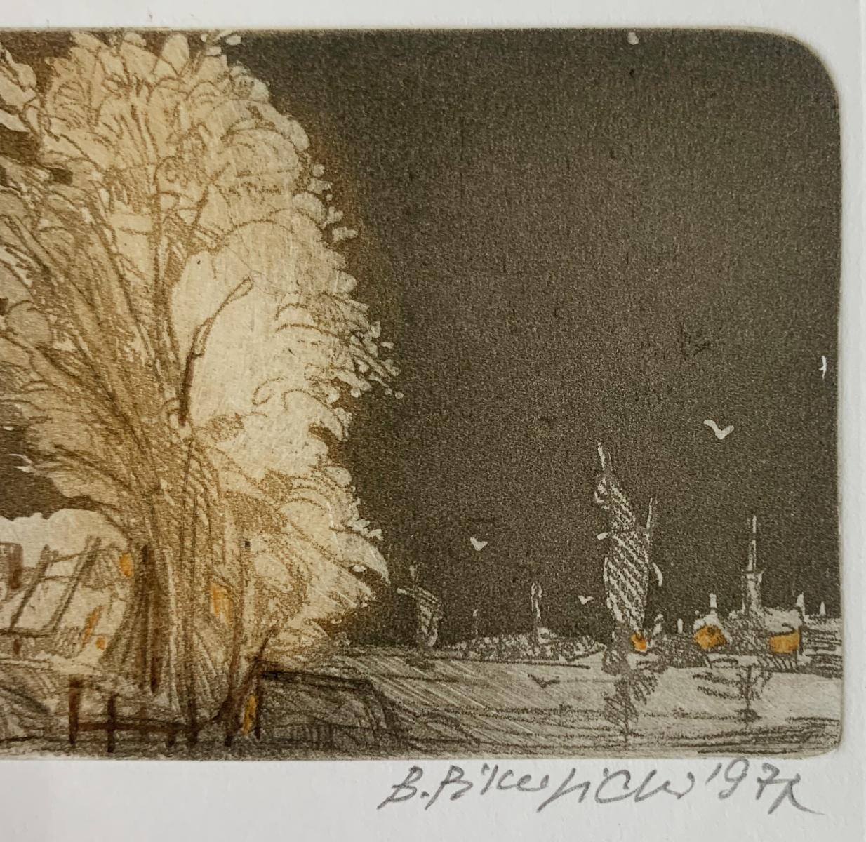 Stampa monocromatica marrone del XX secolo con ornamenti in rilievo (calcografia) dell'artista ucraino Bogdan Pikulicki. L'opera d'arte raffigura un paesaggio rurale con un cottage. L'opera è firmata dall'artista.

BOGDAN PIKULICKI  (nato nel