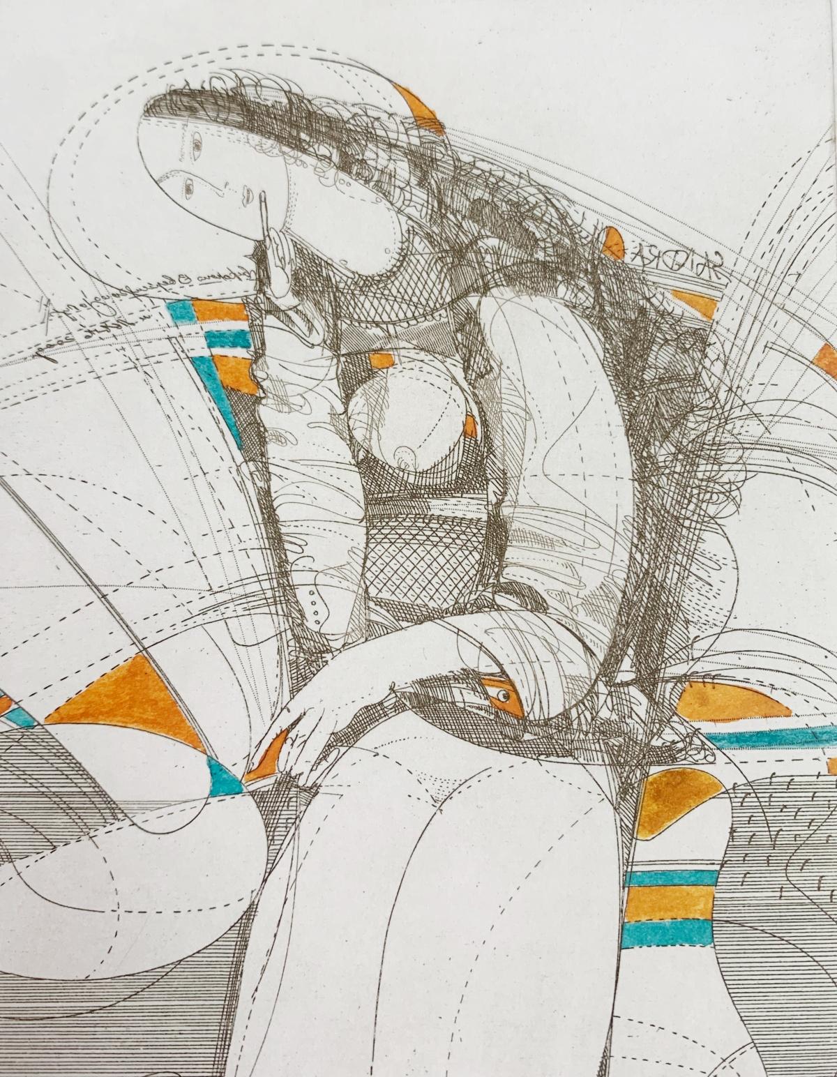 Un desnudo. Impresión contemporánea, Colorido, Sello postal, Artista europeo - Figurative Print Gris de Bogdan Pikulicki