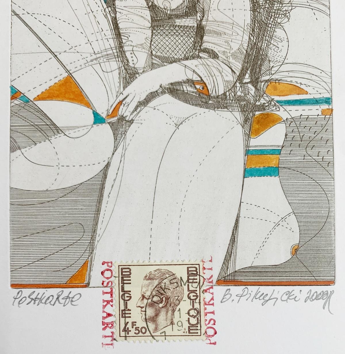 Grabado en color del siglo XX, obra del artista ucraniano Bogdan Pikulicki. La obra representa un desnudo femenino con un elemento abstracto. Hay un sello de correos como parte de la composición. 

BOGDAN PIKULICKI  (nacida en 1948)
Es licenciado