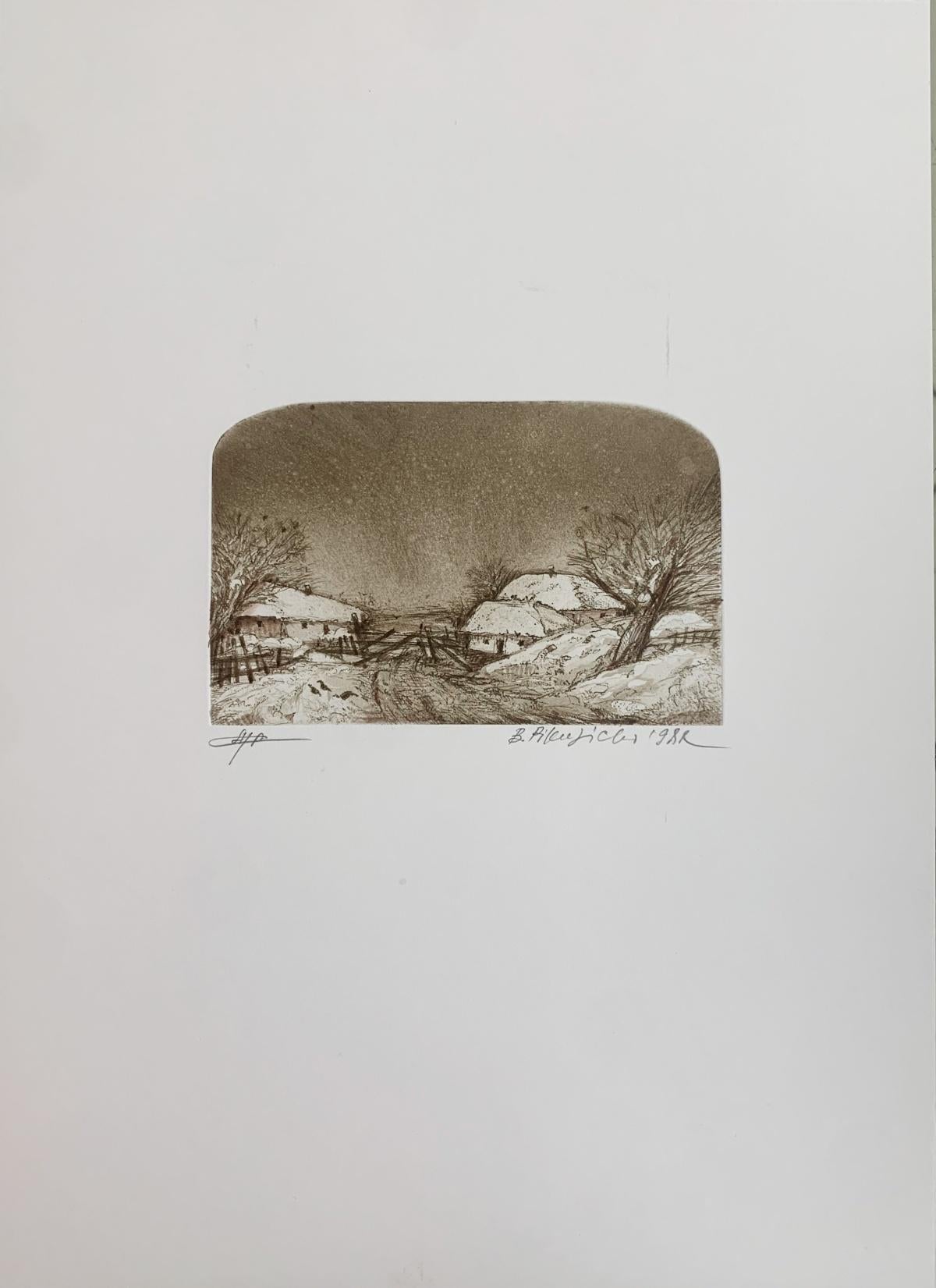 Paisaje. Grabado contemporáneo, Monocromático, Vista rural, Artista europeo - Print de Bogdan Pikulicki