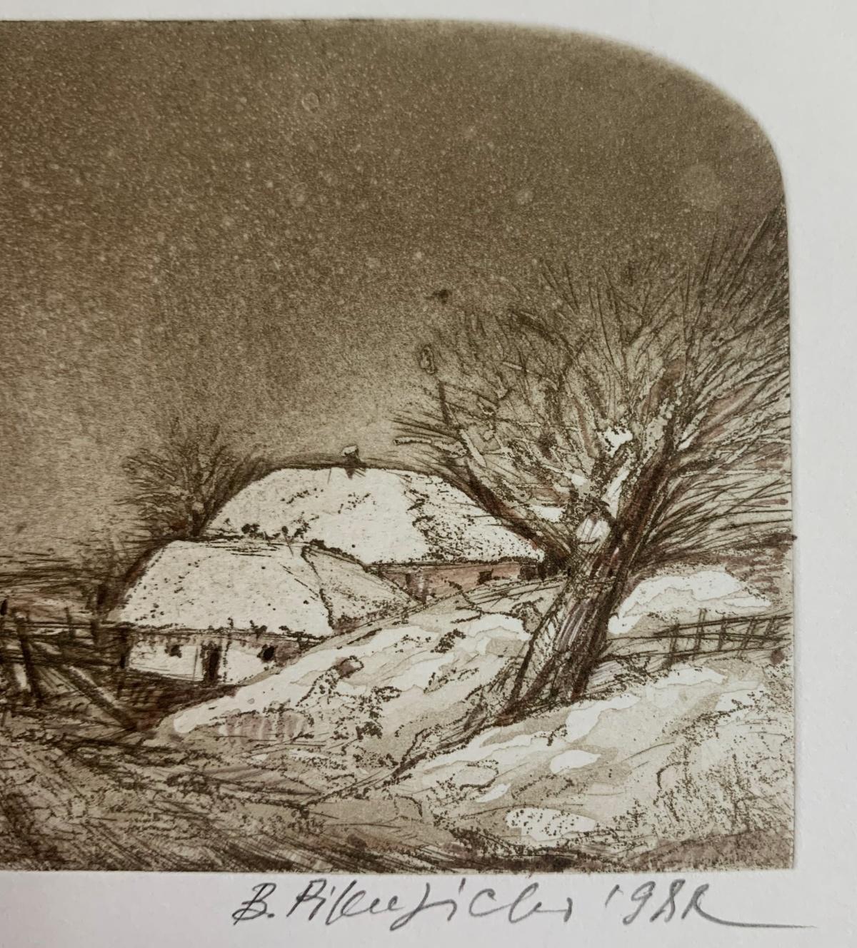 Paisaje. Grabado contemporáneo, Monocromático, Vista rural, Artista europeo - Figurative Print Marrón de Bogdan Pikulicki