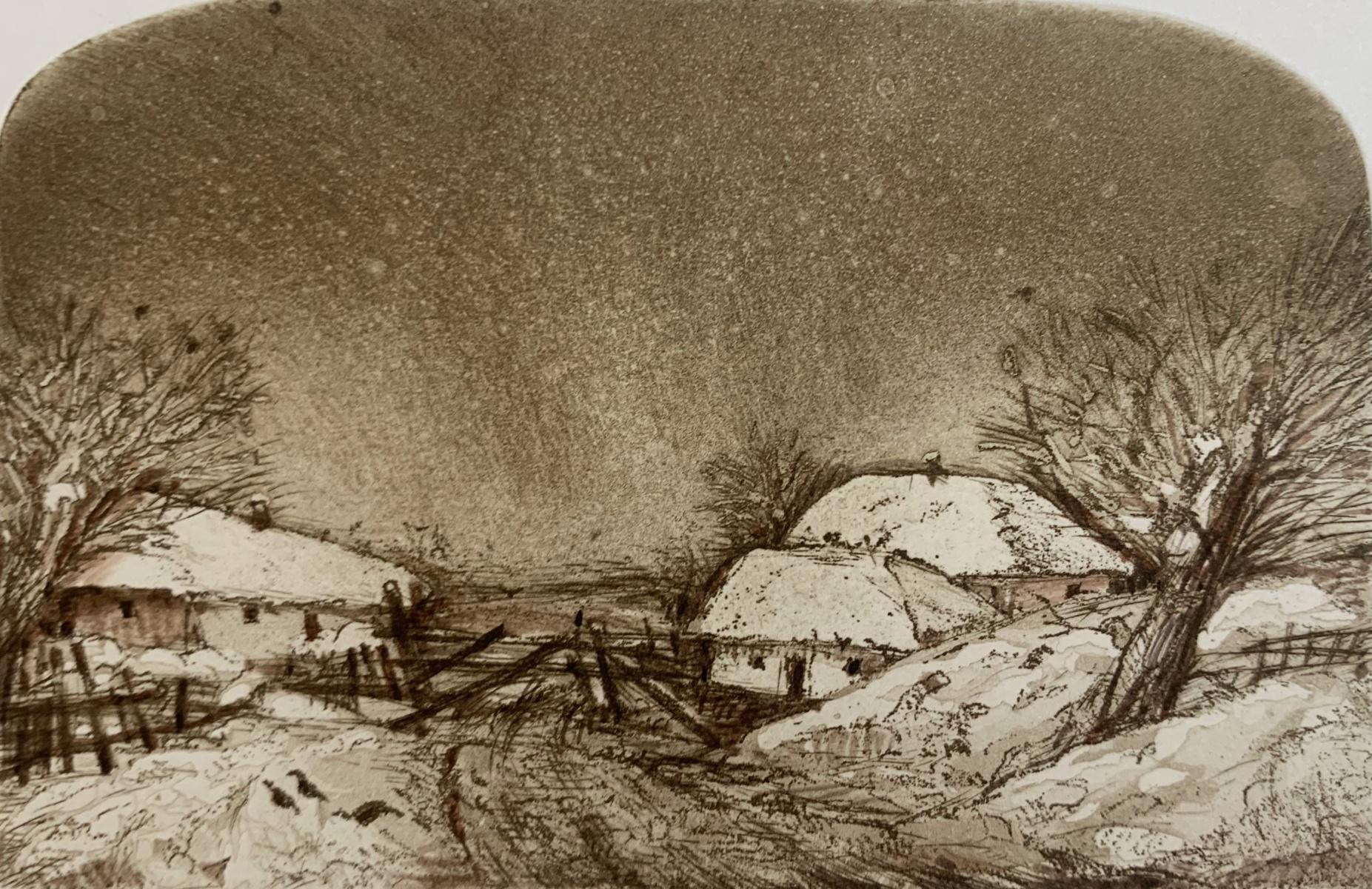 Grabado monocromático marrón del siglo XX, obra del artista ucraniano Bogdan Pikulicki. La obra representa un paisaje rural con una casa de campo. 

BOGDAN PIKULICKI  (nacida en 1948)
Es licenciado por el Instituto de Artes Gráficas de Lviv. También