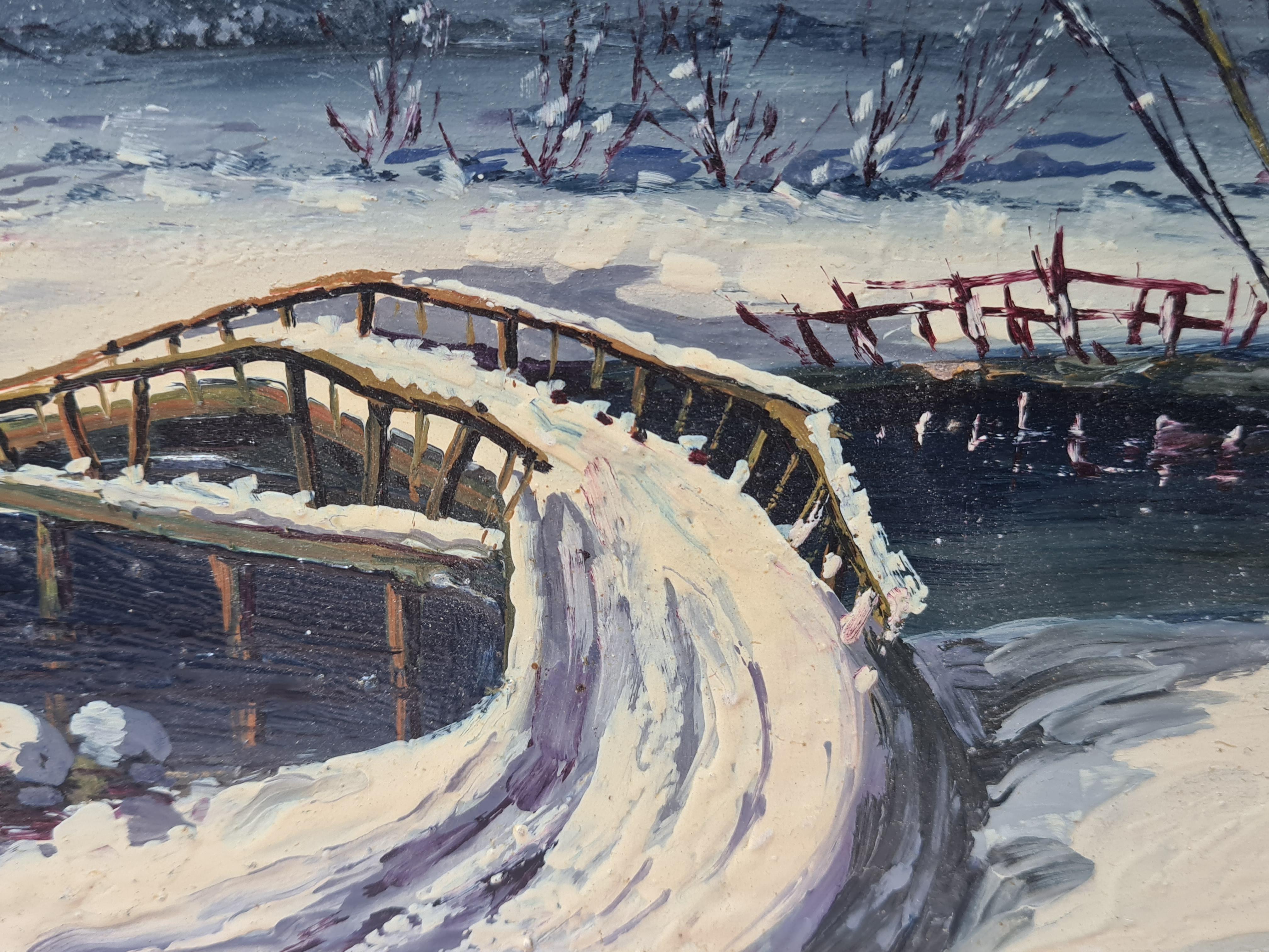 Merveilleur d'hiver de Noël, paysage de neige de l'école de Barbizon. - École de Barbizon Painting par Boggio