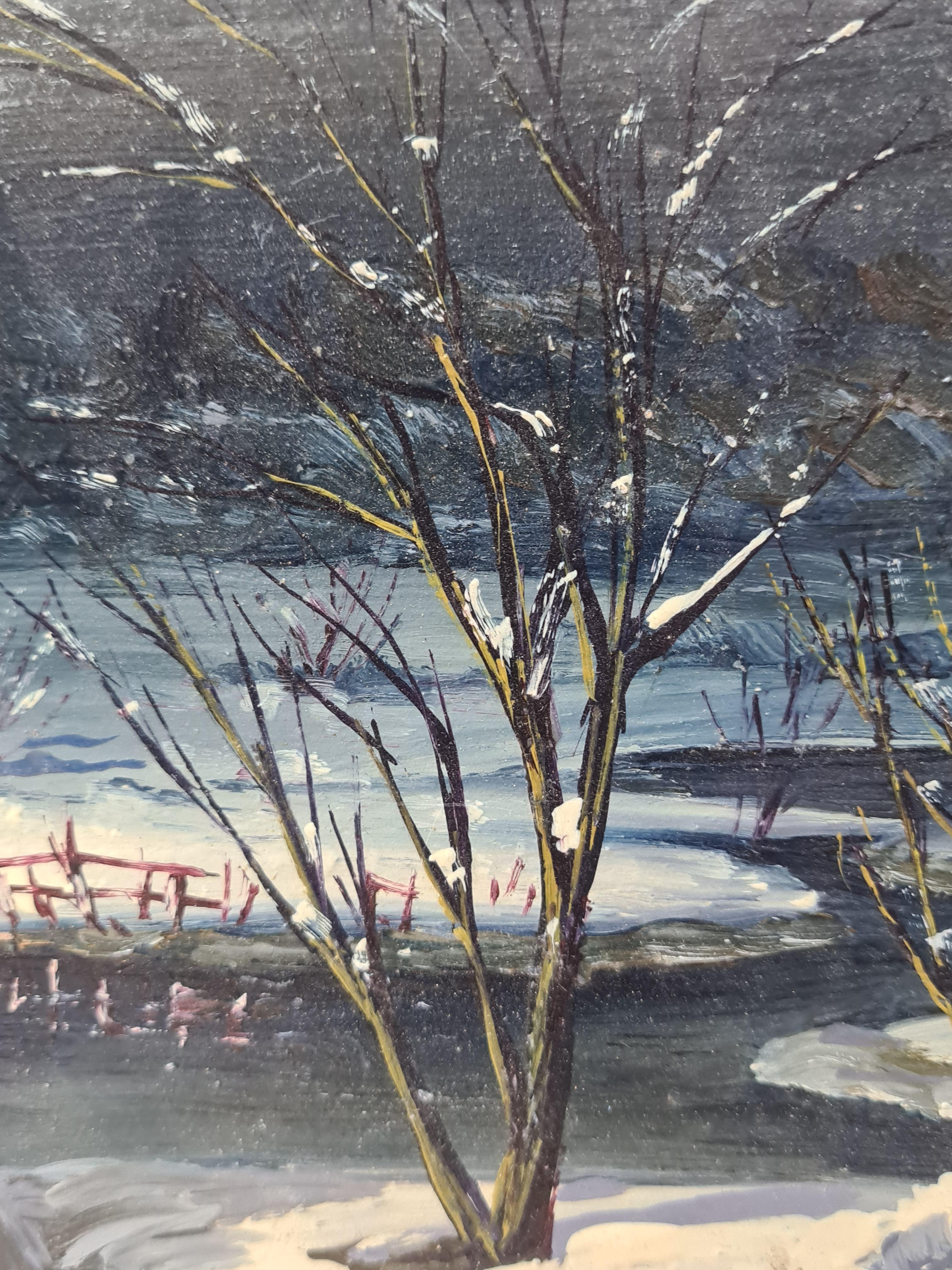 An oil on panel view of a winter snow scene by Boggio. The painting is signed bottom right.

A charming view of a snow scene, a river running under a bridge heavy with snow. A Christmas tree its branches laden with snow, the whole landscape