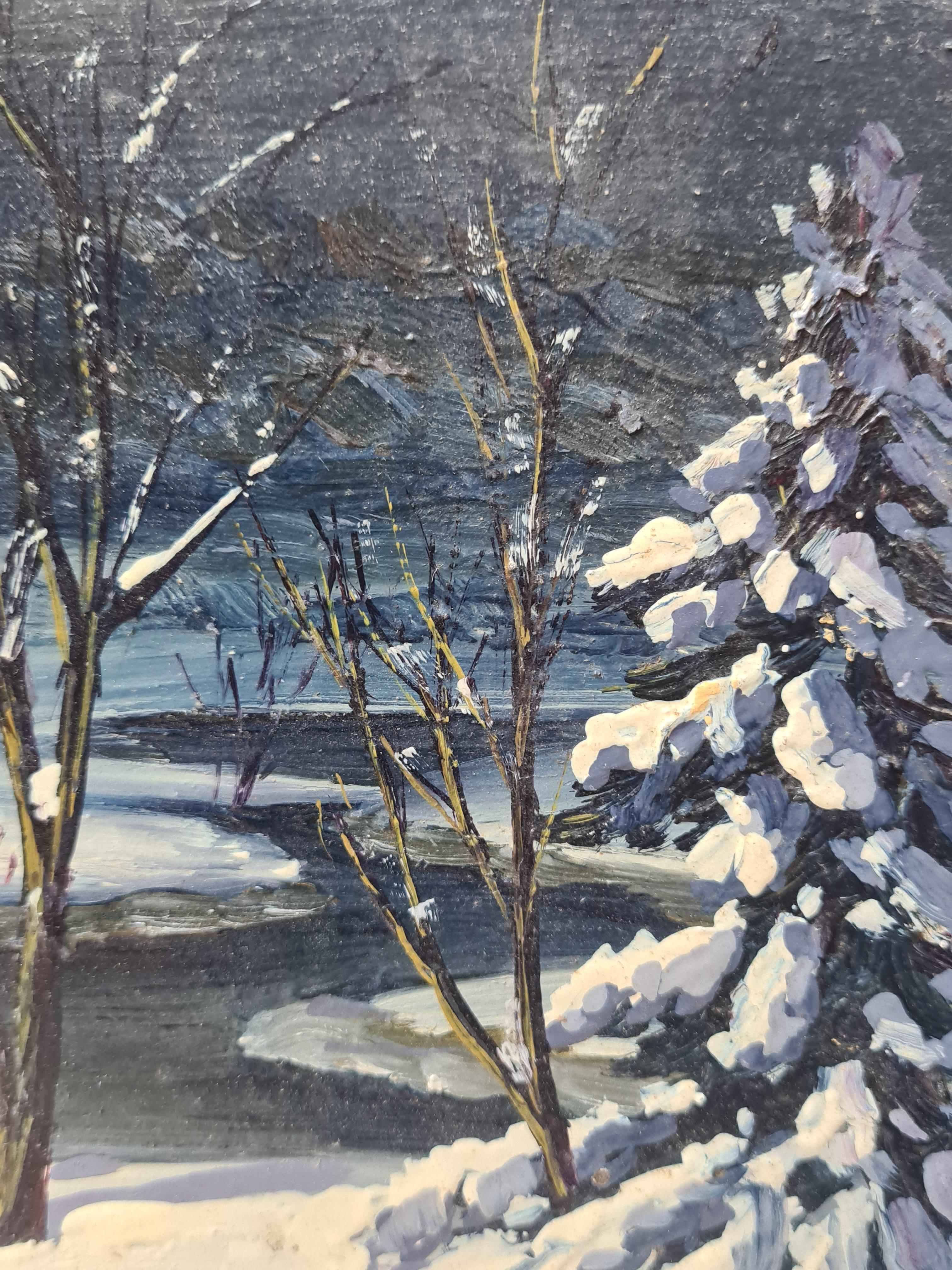 Merveilleur d'hiver de Noël, paysage de neige de l'école de Barbizon. en vente 1