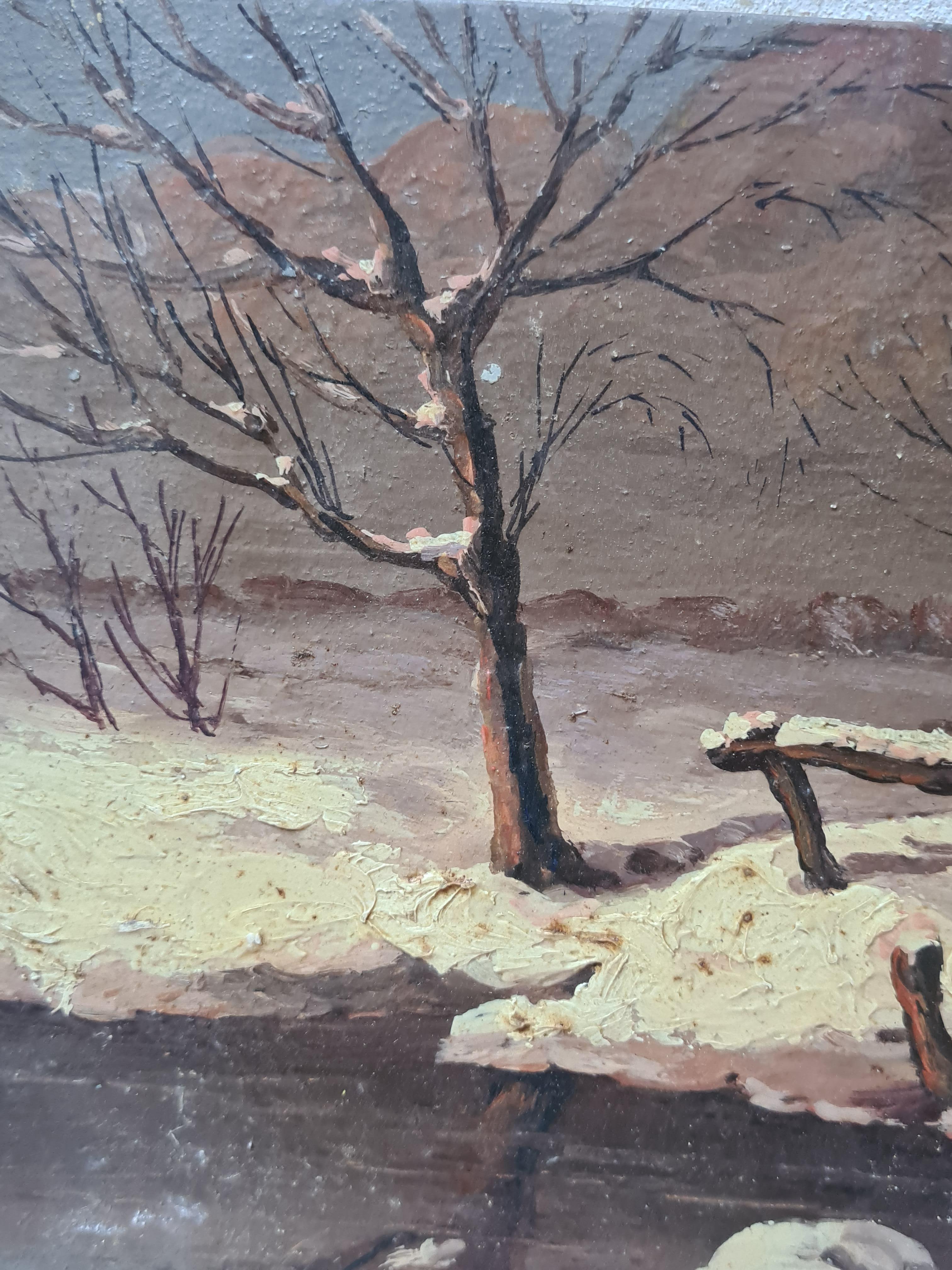 Merveilleur d'hiver, paysage de neige de l'école de Barbizon. - Gris Landscape Painting par Boggio