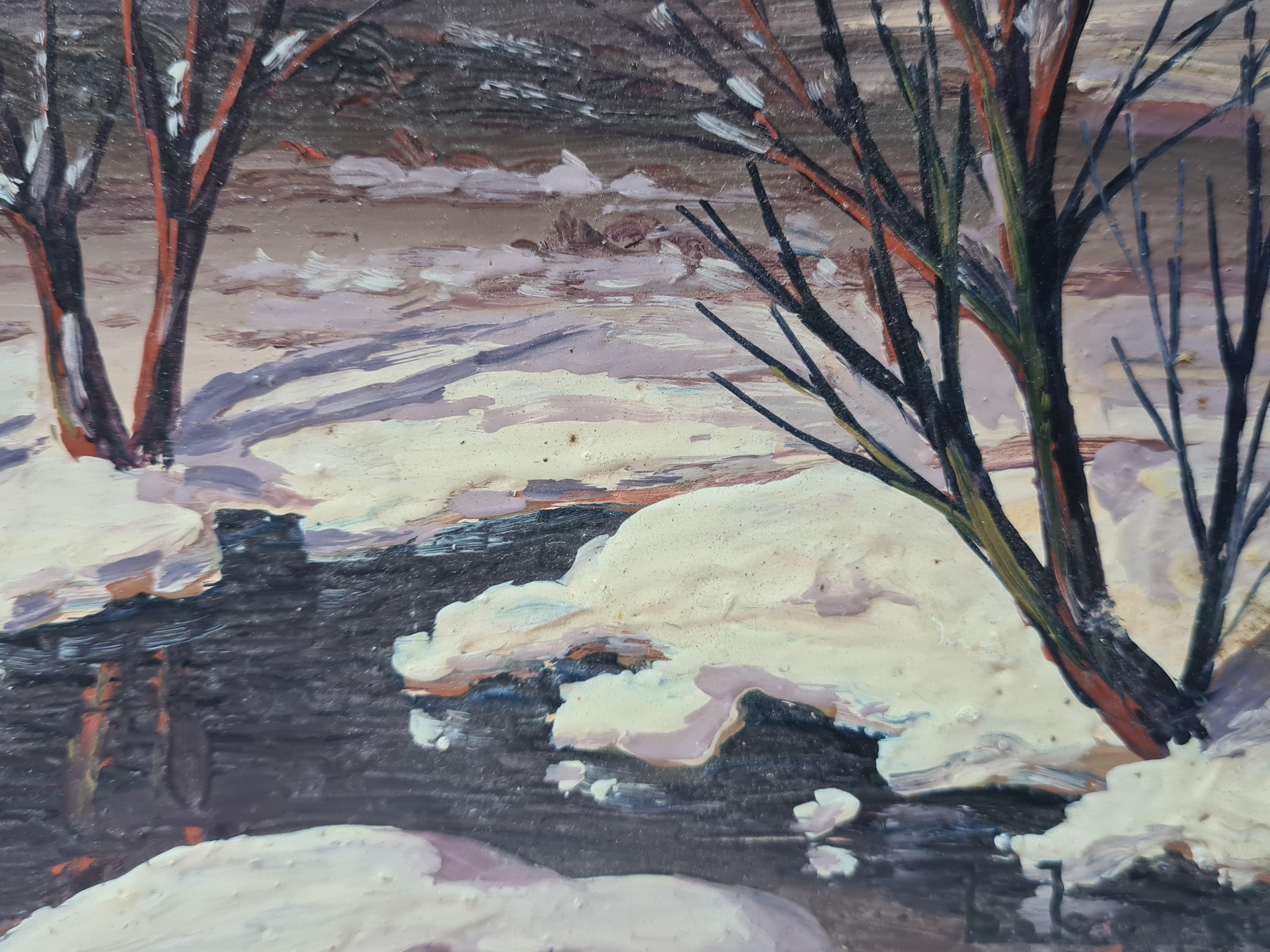An oil on panel view of a winter snow scene by Boggio. The painting is signed bottom right.

A charming view of a snow scene, a river running by a bank heavy with snow.