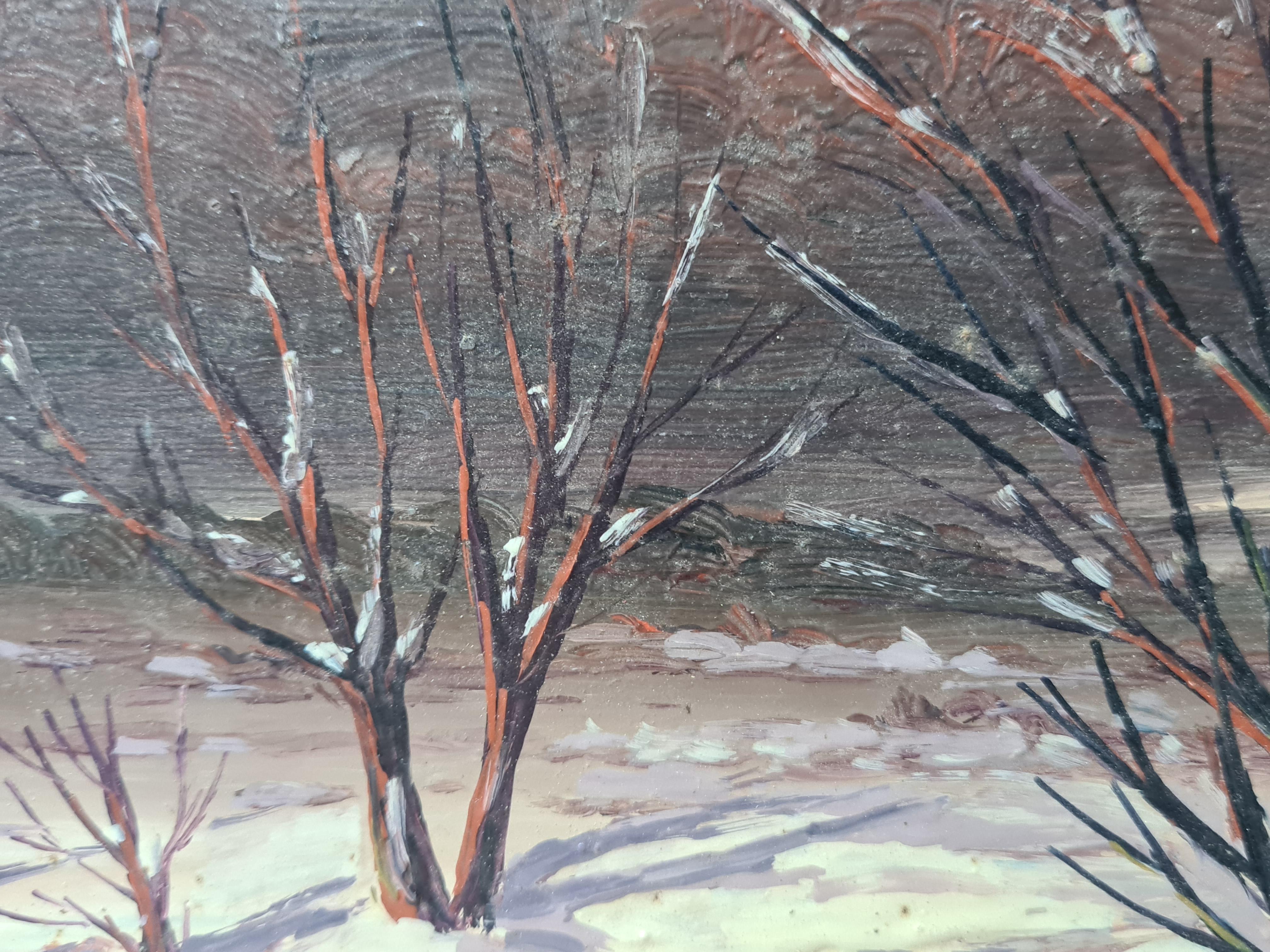 Una veduta ad olio su pannello di una scena di neve invernale di Boggio. Il dipinto è firmato in basso a destra.

Un'incantevole veduta di una scena di neve, un fiume che scorre su un argine appesantito dalla neve.
