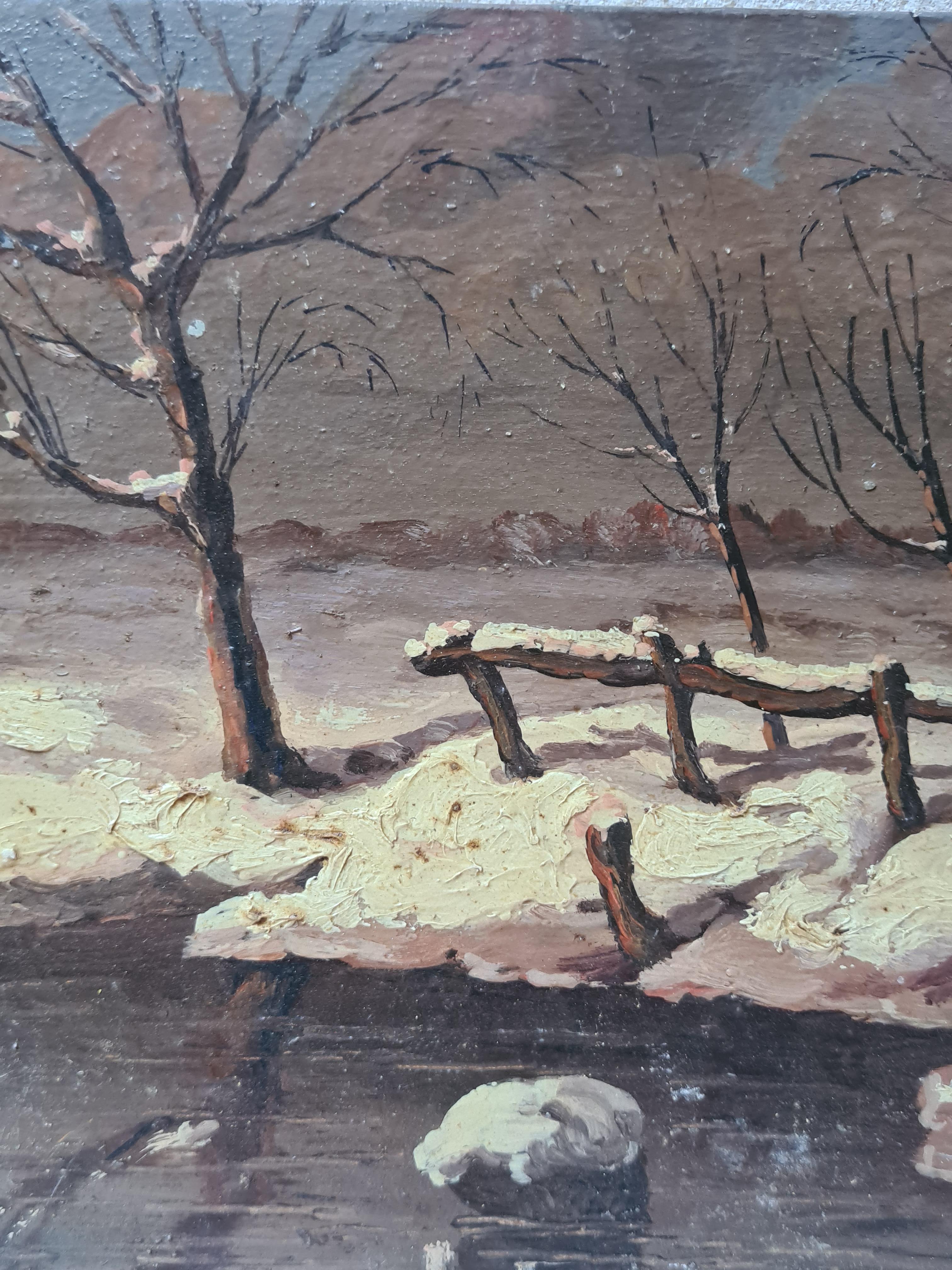 A Winter Wonderland, Barbizon School Snowscape. - Gray Landscape Painting by Boggio