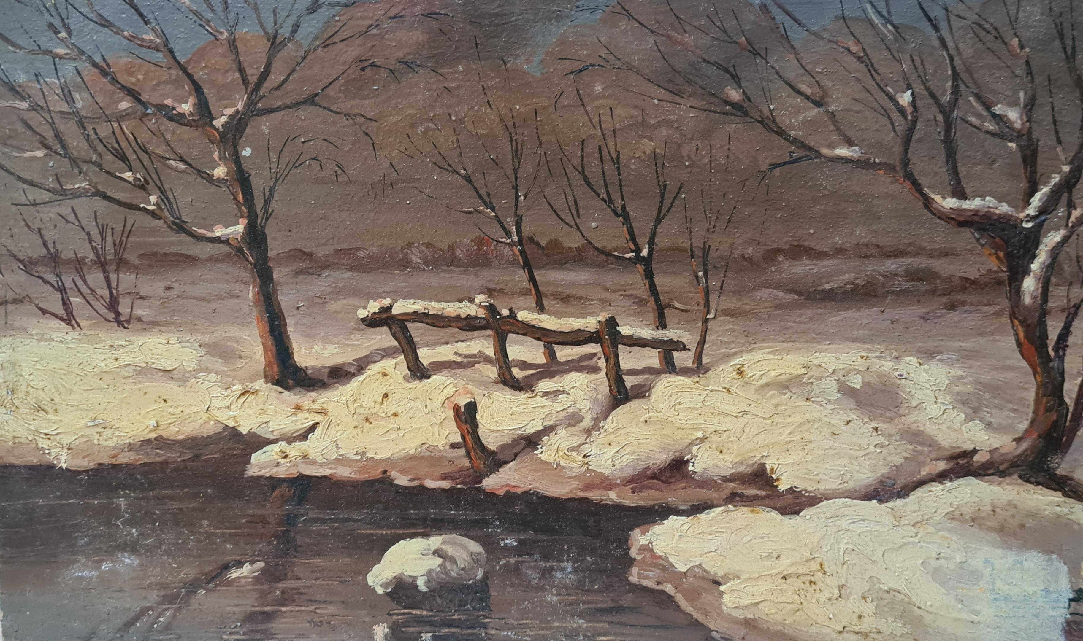 Boggio Landscape Painting – Ein Winterwunderland, Schneelandschaft der Schule von Barbizon.