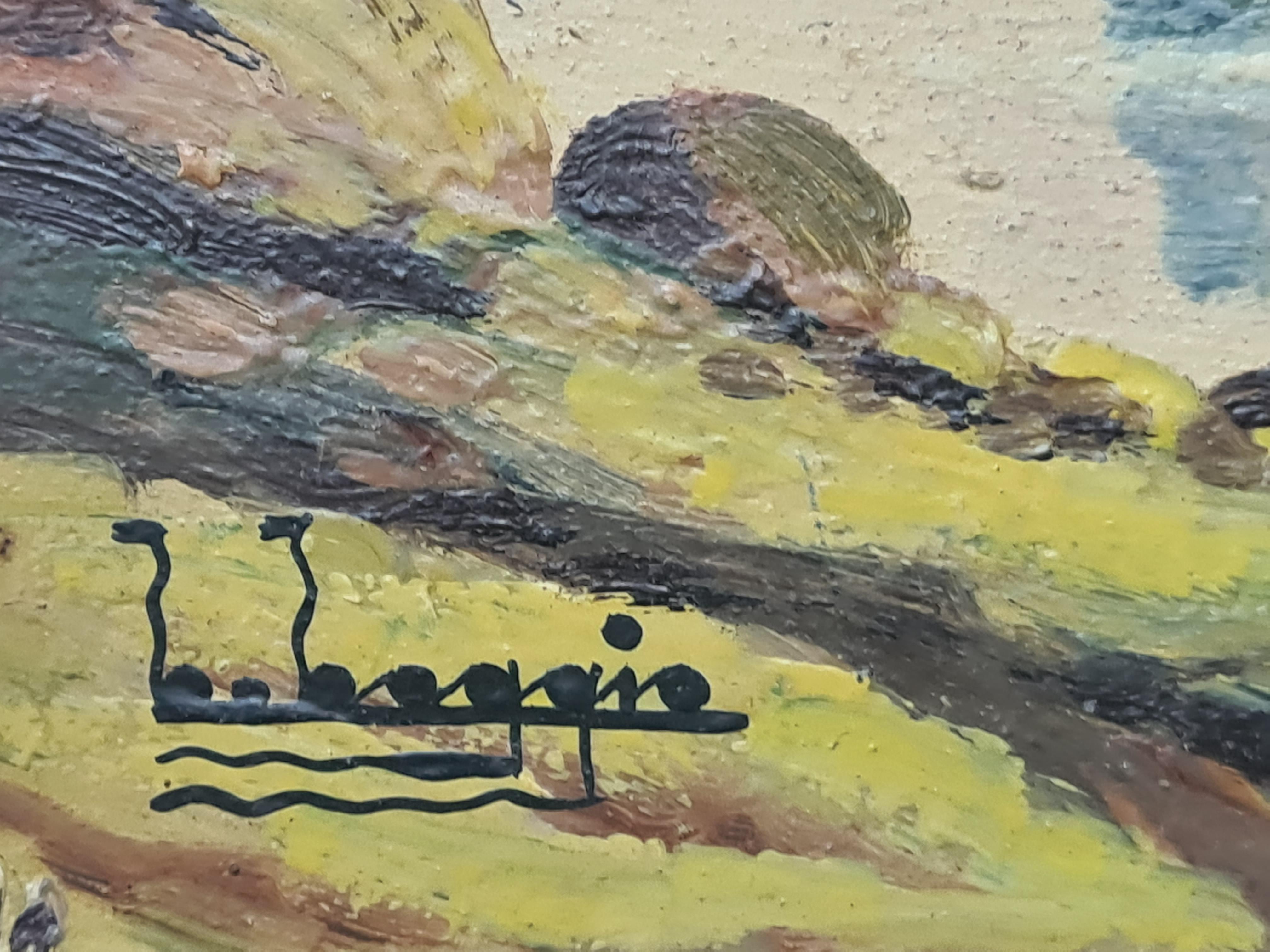 Paysage de bord de lac à Barbizon avec arbres de peuplier. Huile sur carton. - Painting de Boggio