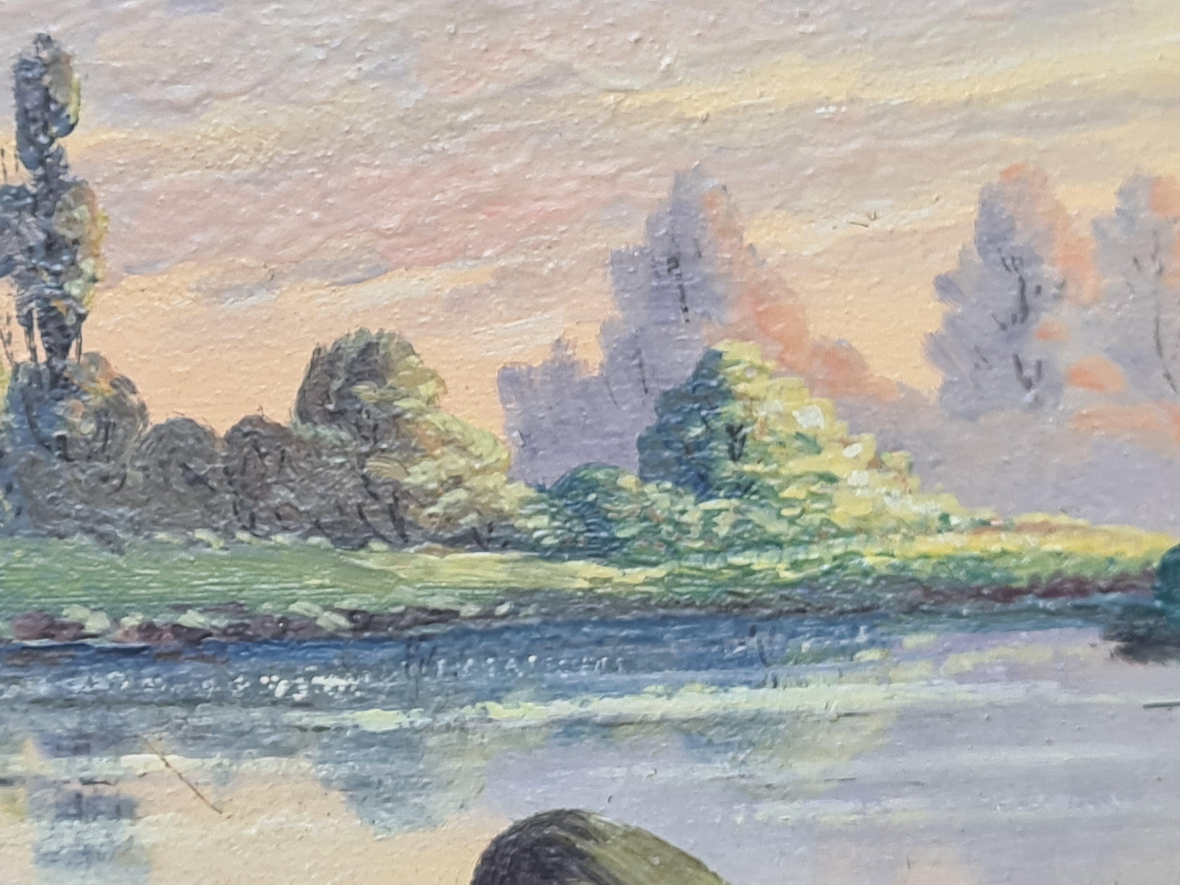 Paysage de bord de lac à Barbizon avec arbres de peuplier. Huile sur carton. - École de Barbizon Painting par Boggio