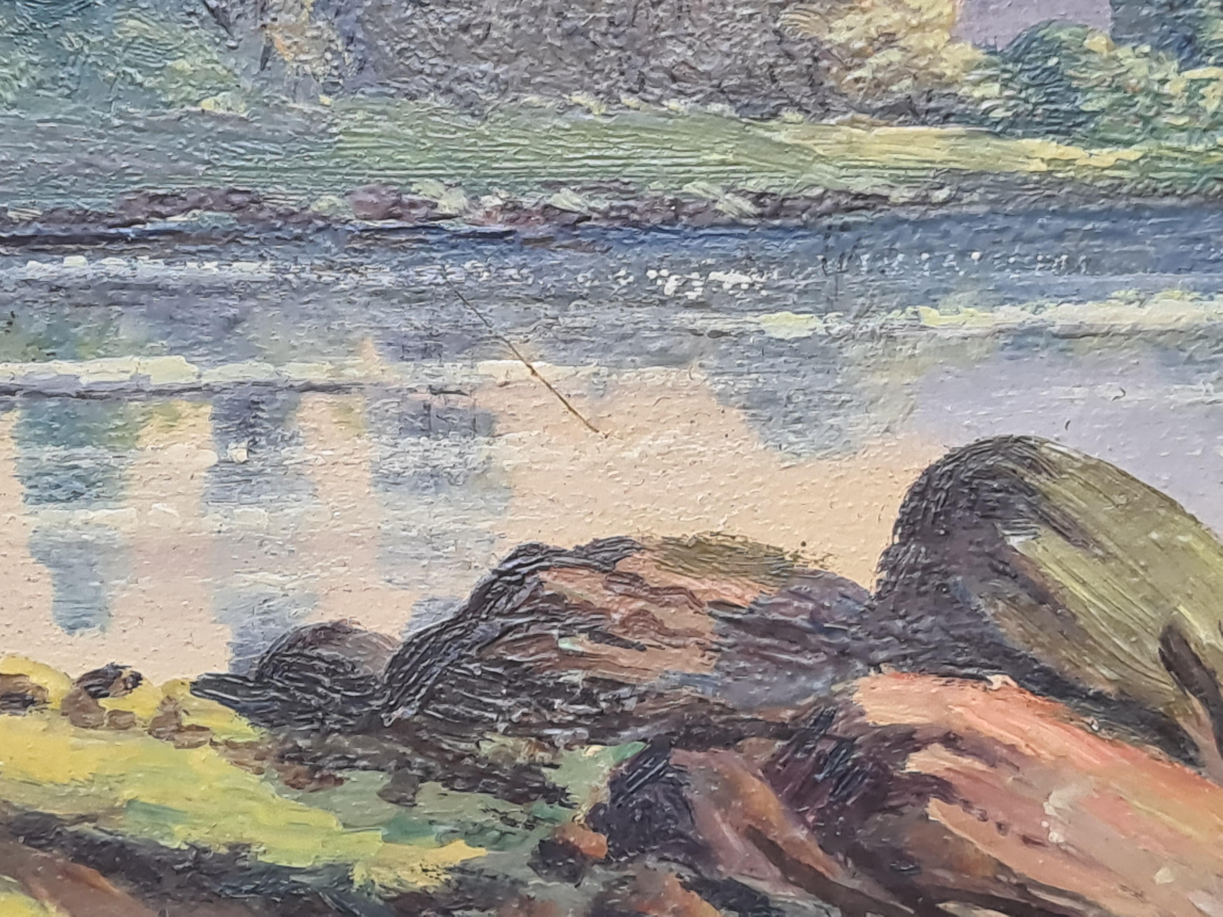 Paysage de bord de lac à Barbizon avec arbres de peuplier. Huile sur carton. - Gris Landscape Painting par Boggio
