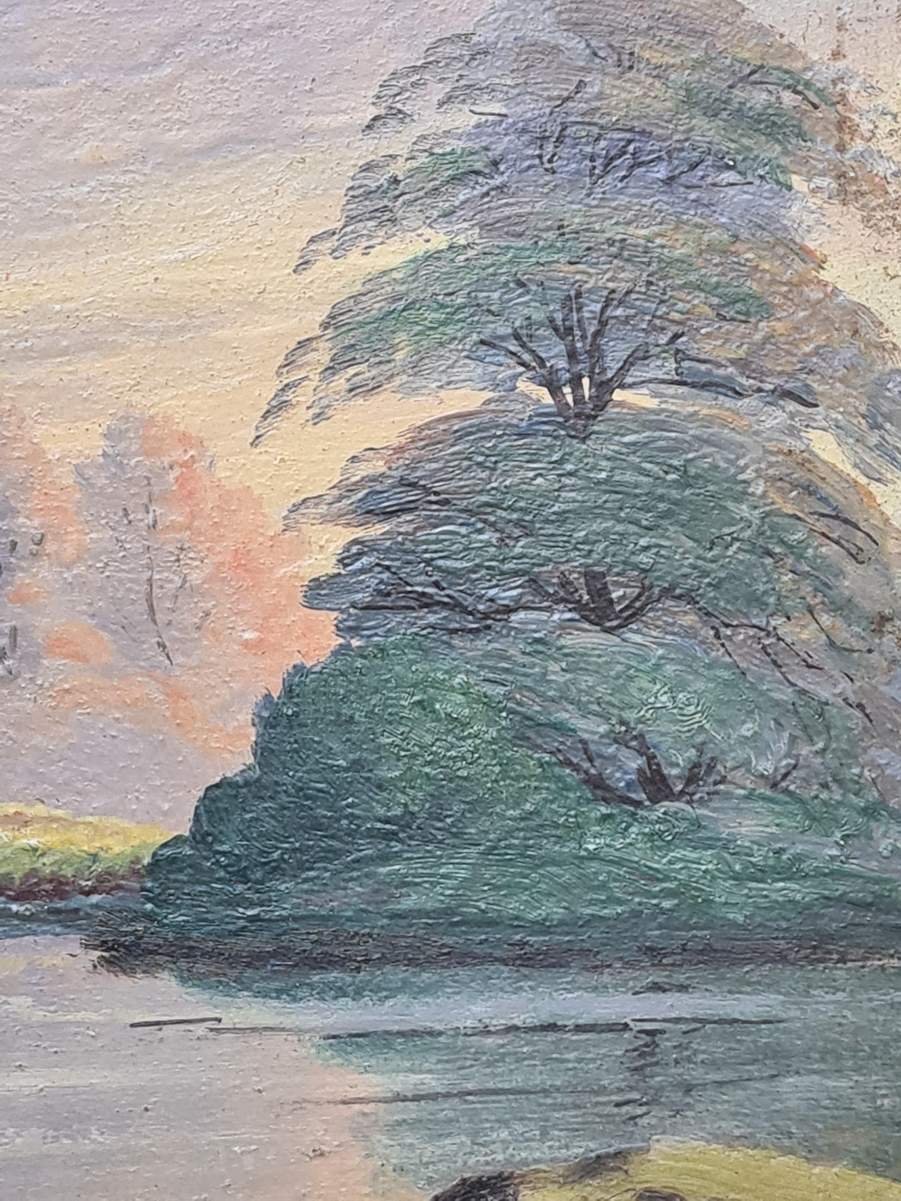 Barbizon Lakeside Landscape With Poplar Trees. Oil on Board. For Sale 1