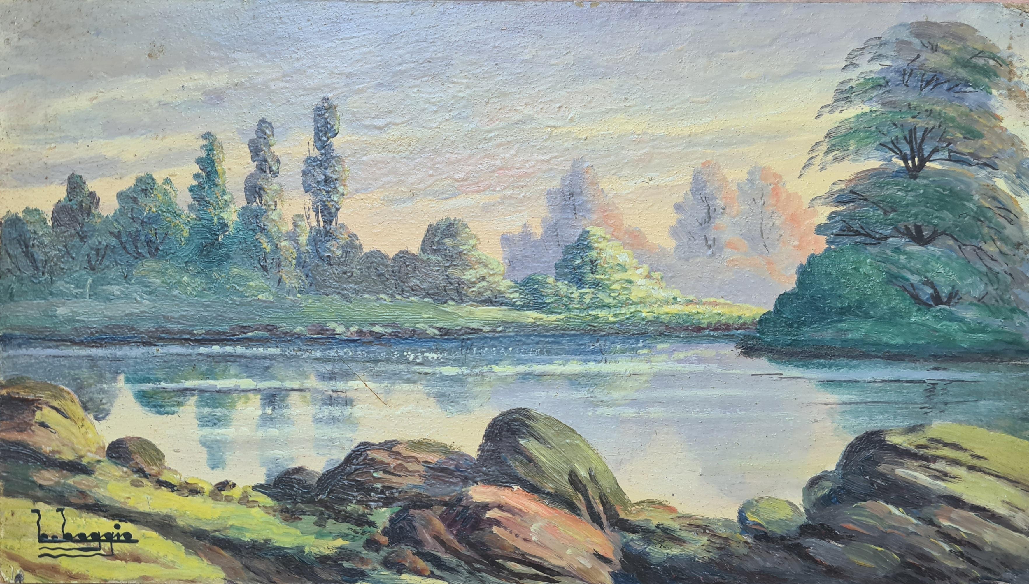 Landscape Painting Boggio - Paysage de bord de lac à Barbizon avec arbres de peuplier. Huile sur carton.
