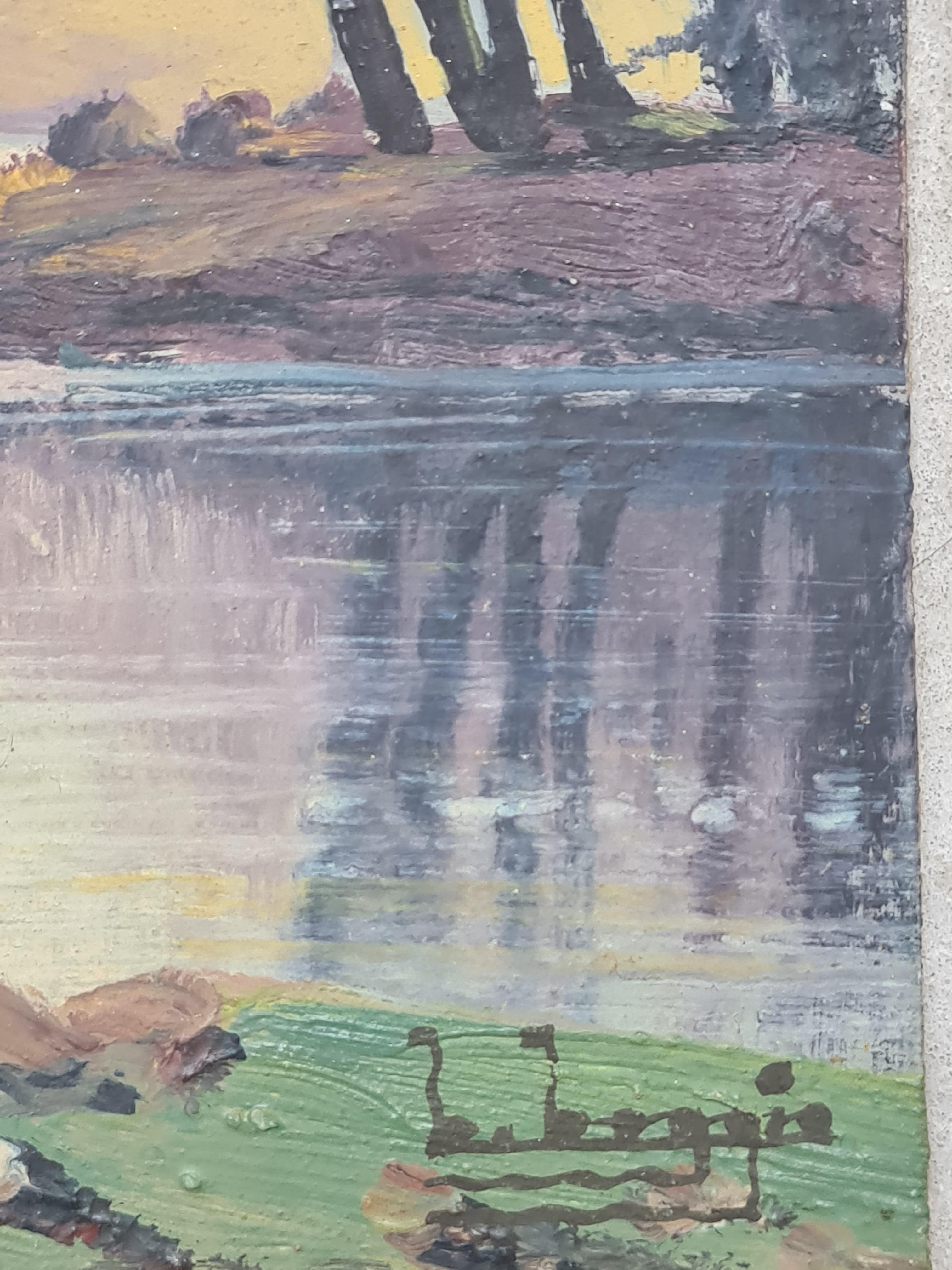 Paysage de bord de lac de l'école de Barbizon, The Shady Glen. - Painting de Boggio