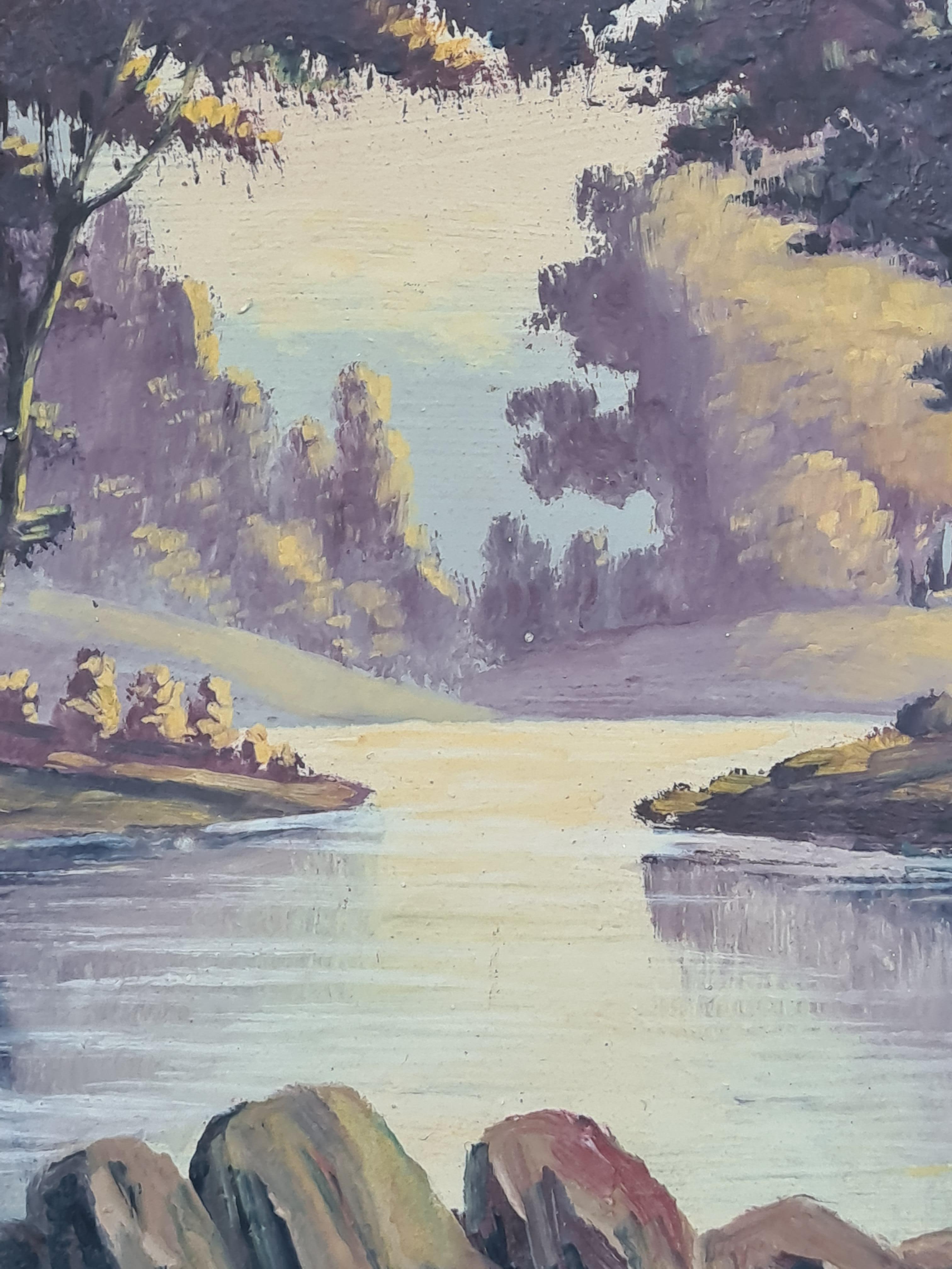 Paysage de bord de lac de l'école de Barbizon, The Shady Glen. - École de Barbizon Painting par Boggio